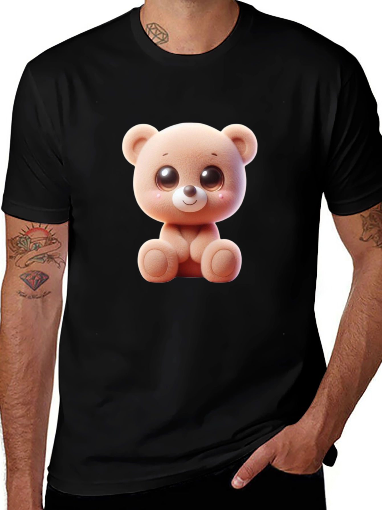 Cute Cartoon Teddy Bear Graphic Black T-Shirt