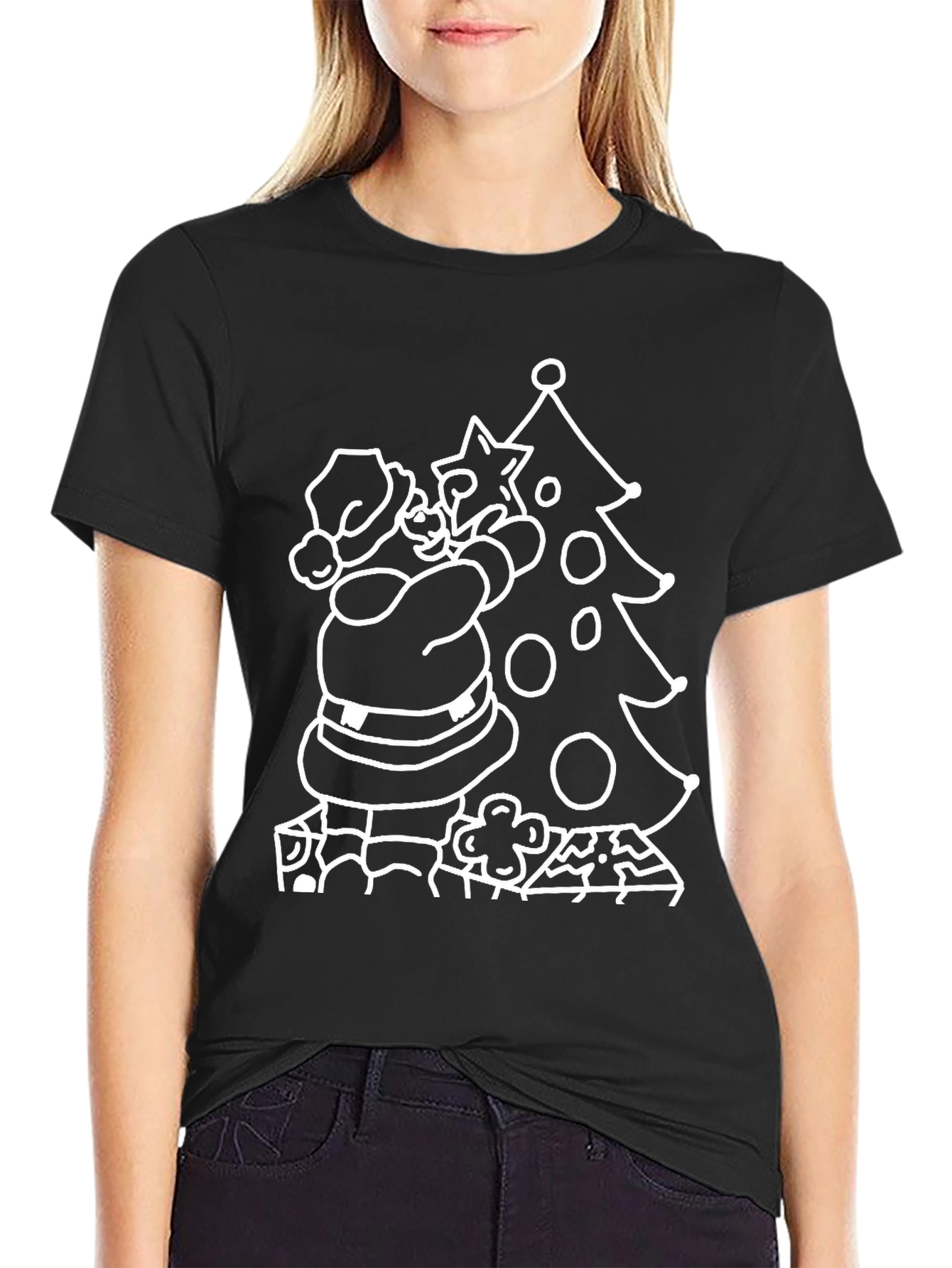Festive Santa Christmas Tree Black T-Shirt