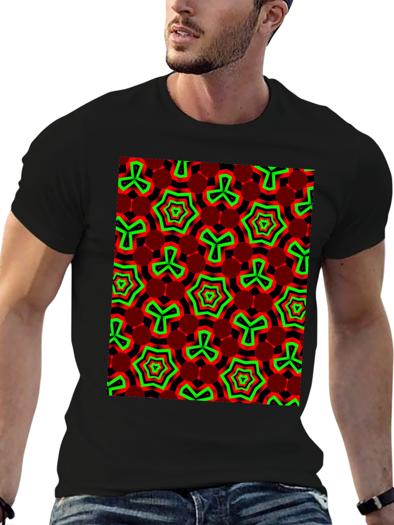 Geometric Pattern T-Shirt - Red & Green Design