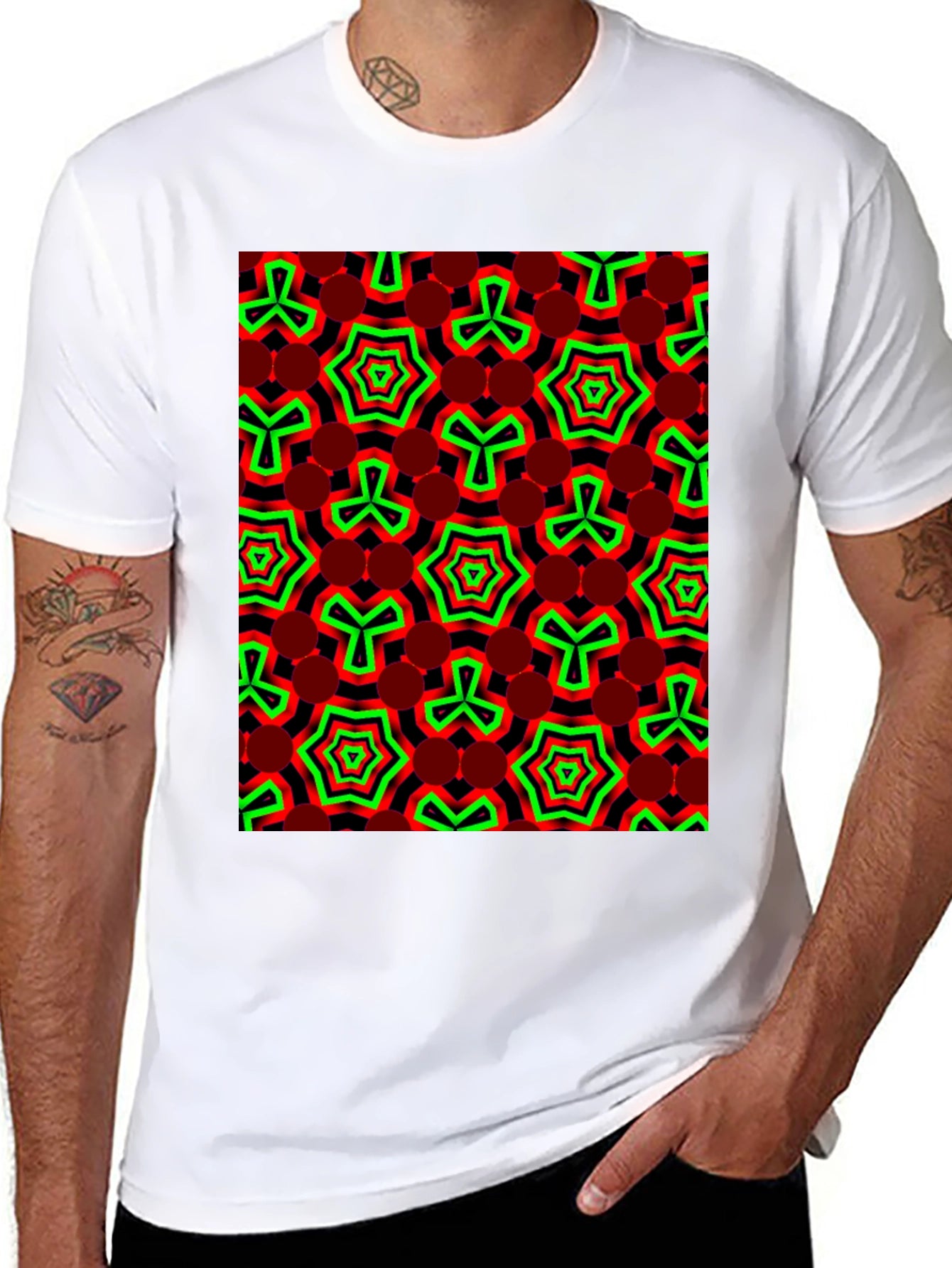 Geometric Pattern T-Shirt - Red & Green Design