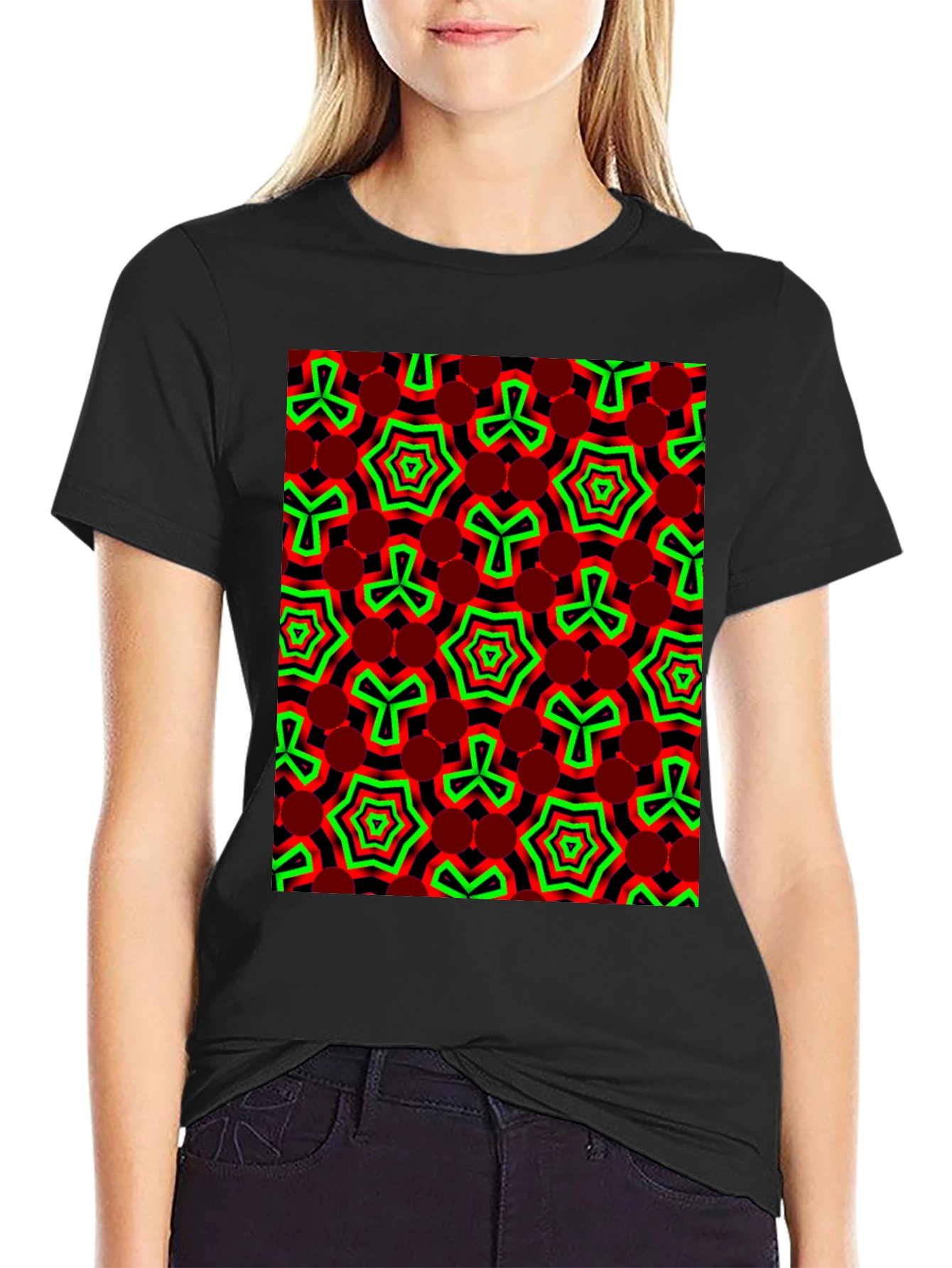 Geometric Pattern T-Shirt - Red & Green Design