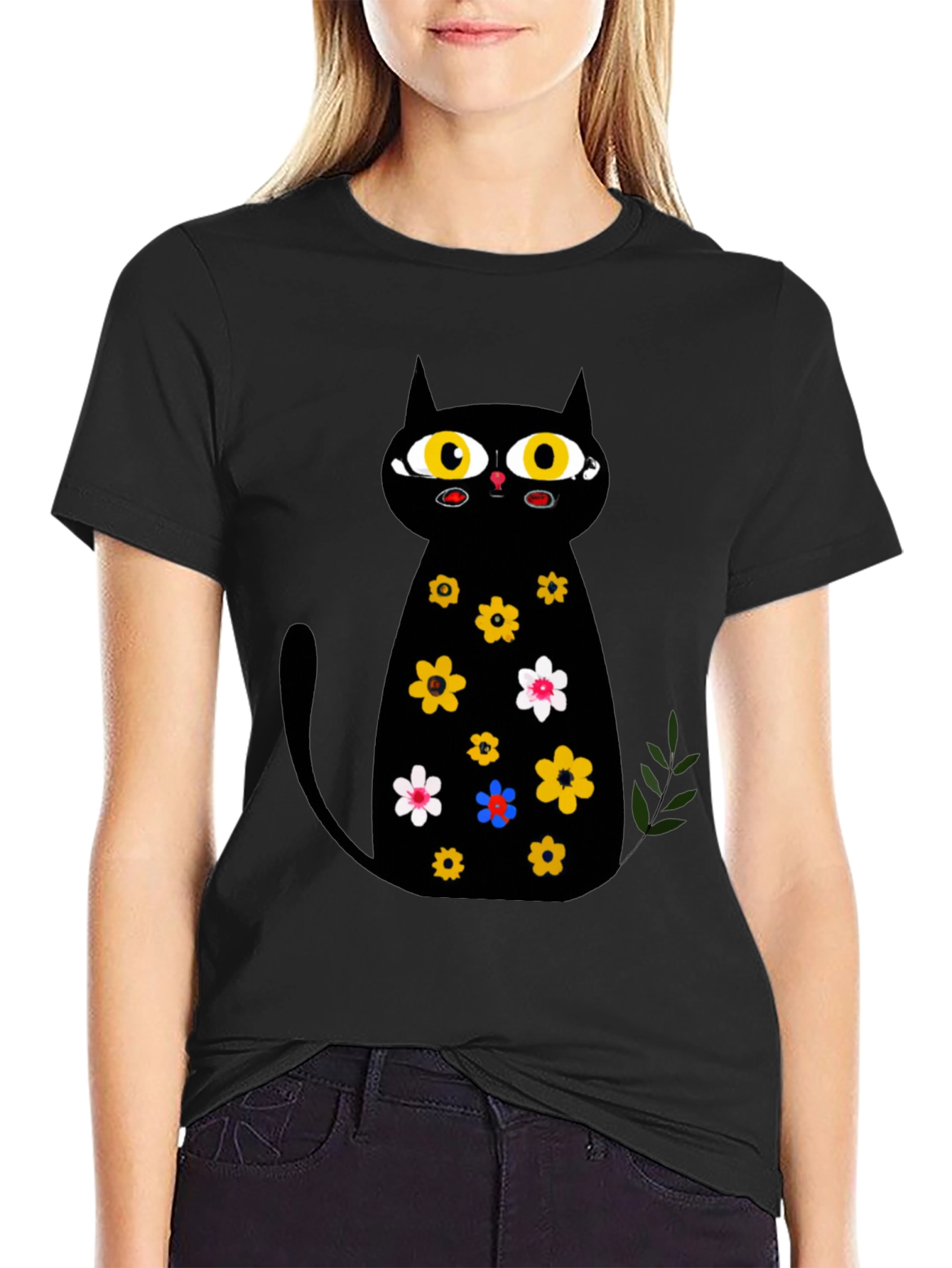 Black Cat Floral Print T-Shirt