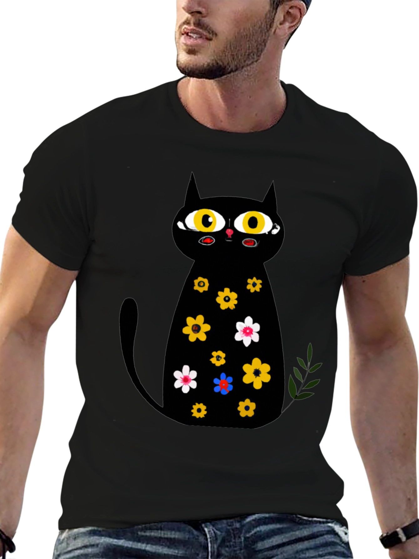 Black Cat Floral Print T-Shirt