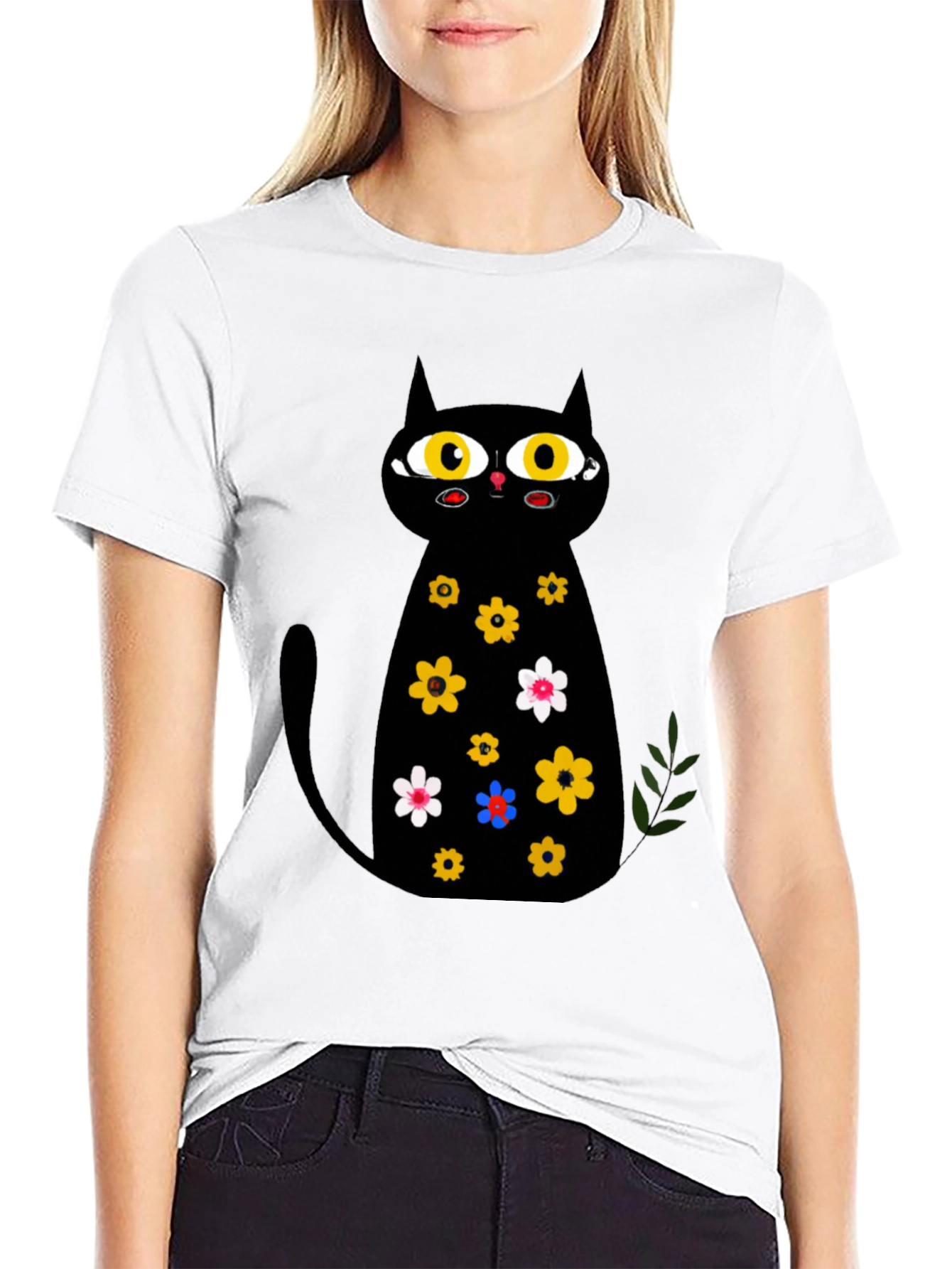 Black Cat Floral Print T-Shirt