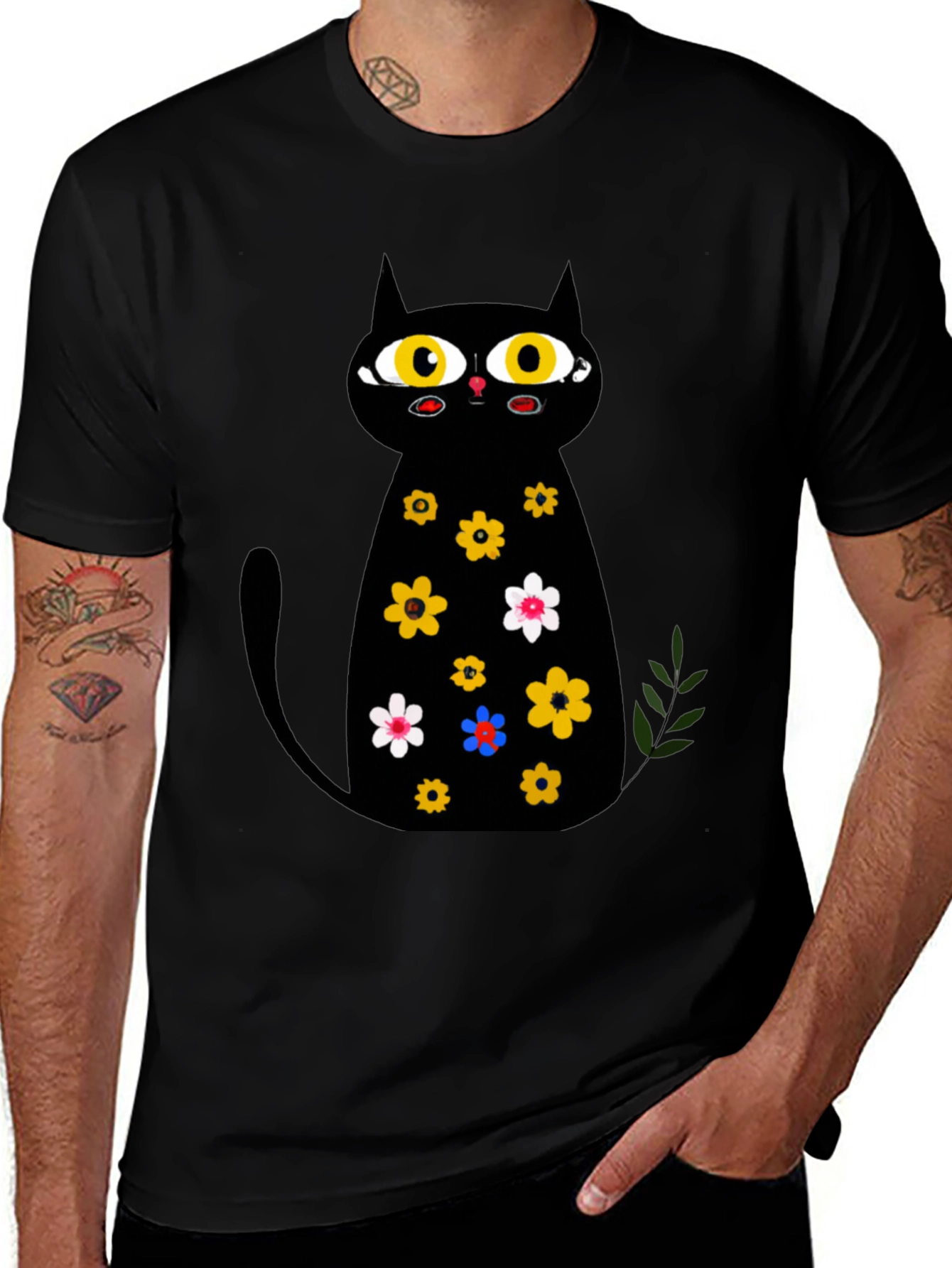 Black Cat Floral Print T-Shirt