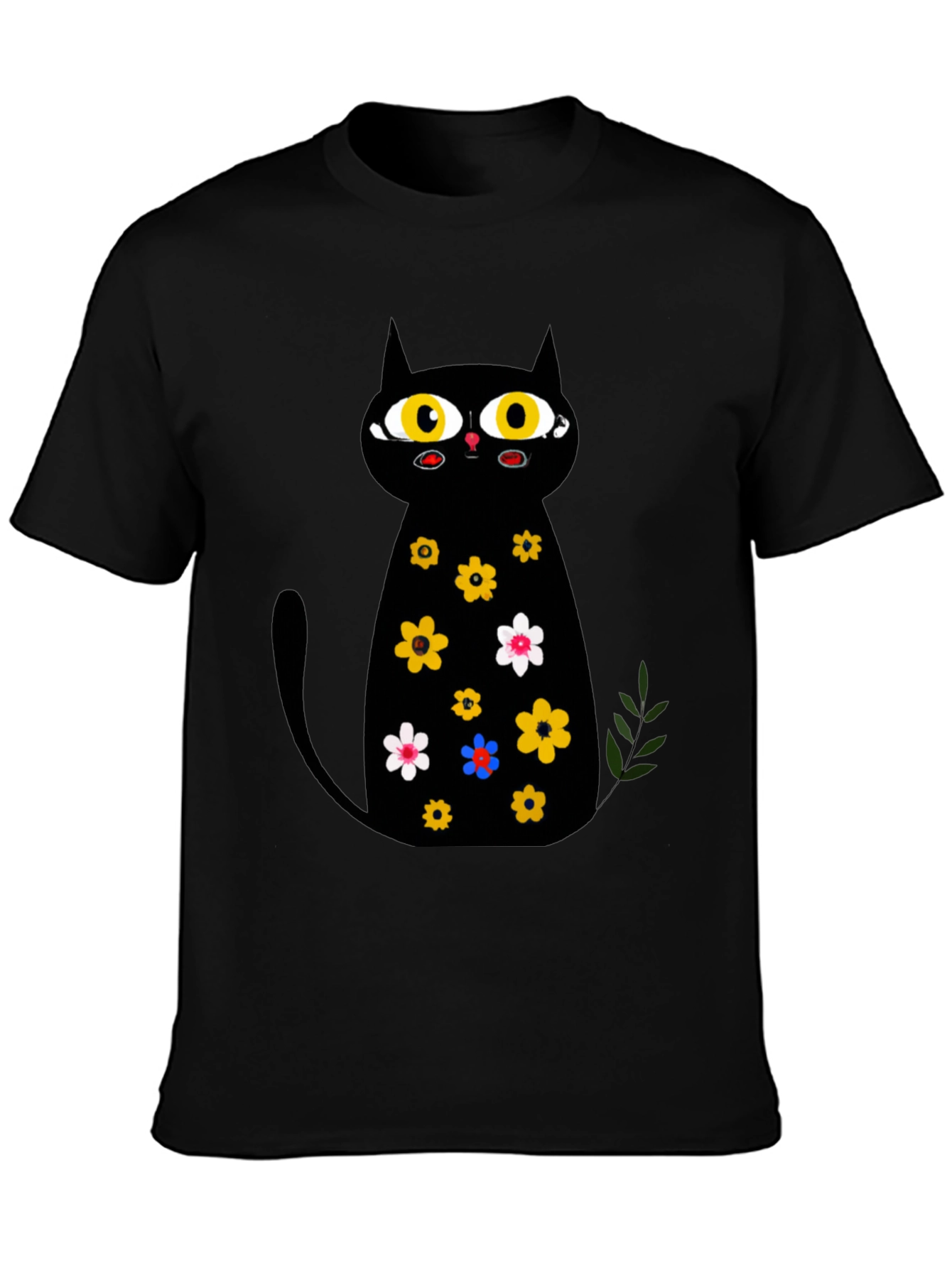 Black Cat Floral Print T-Shirt