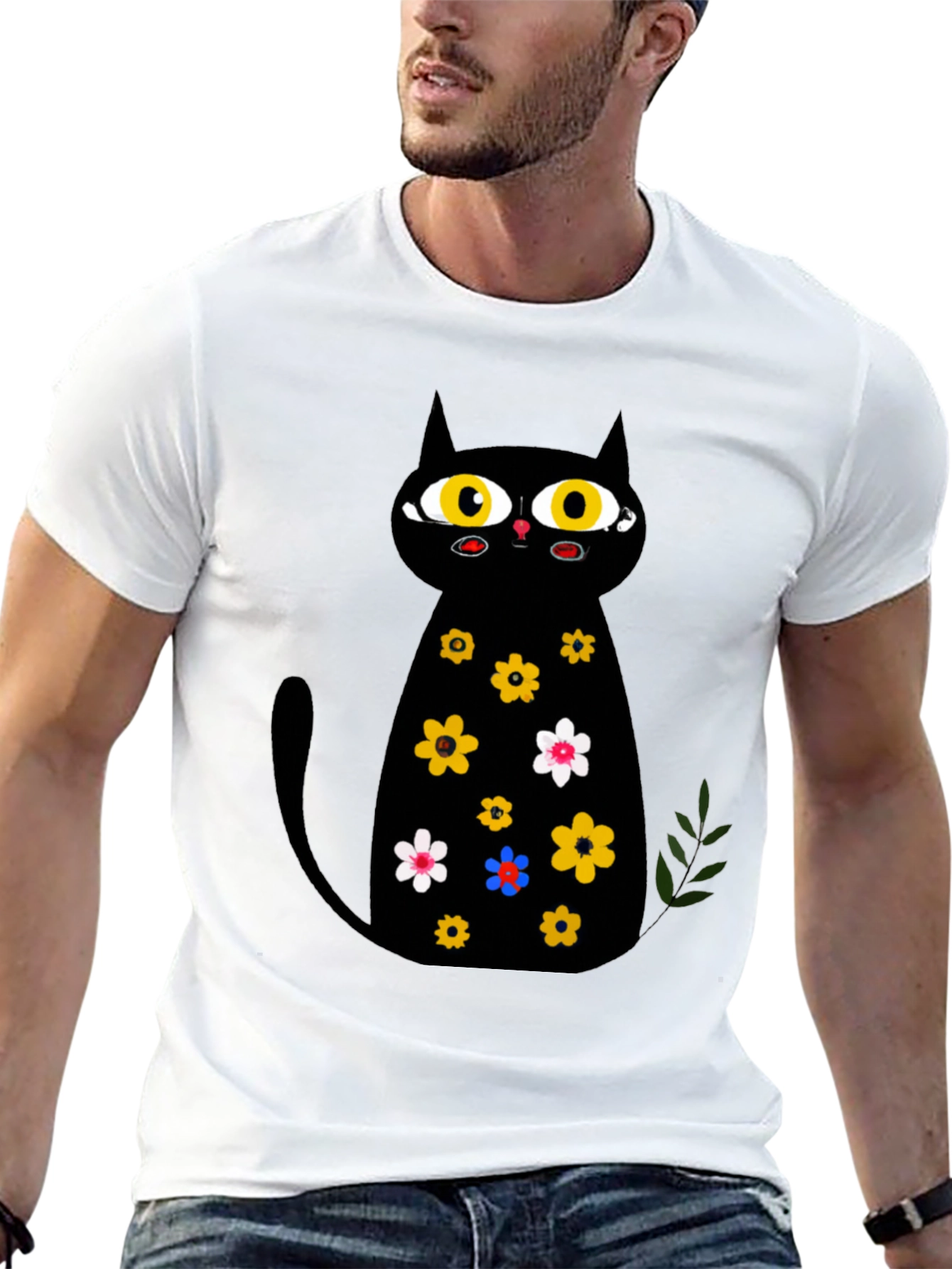 Black Cat Floral Print T-Shirt