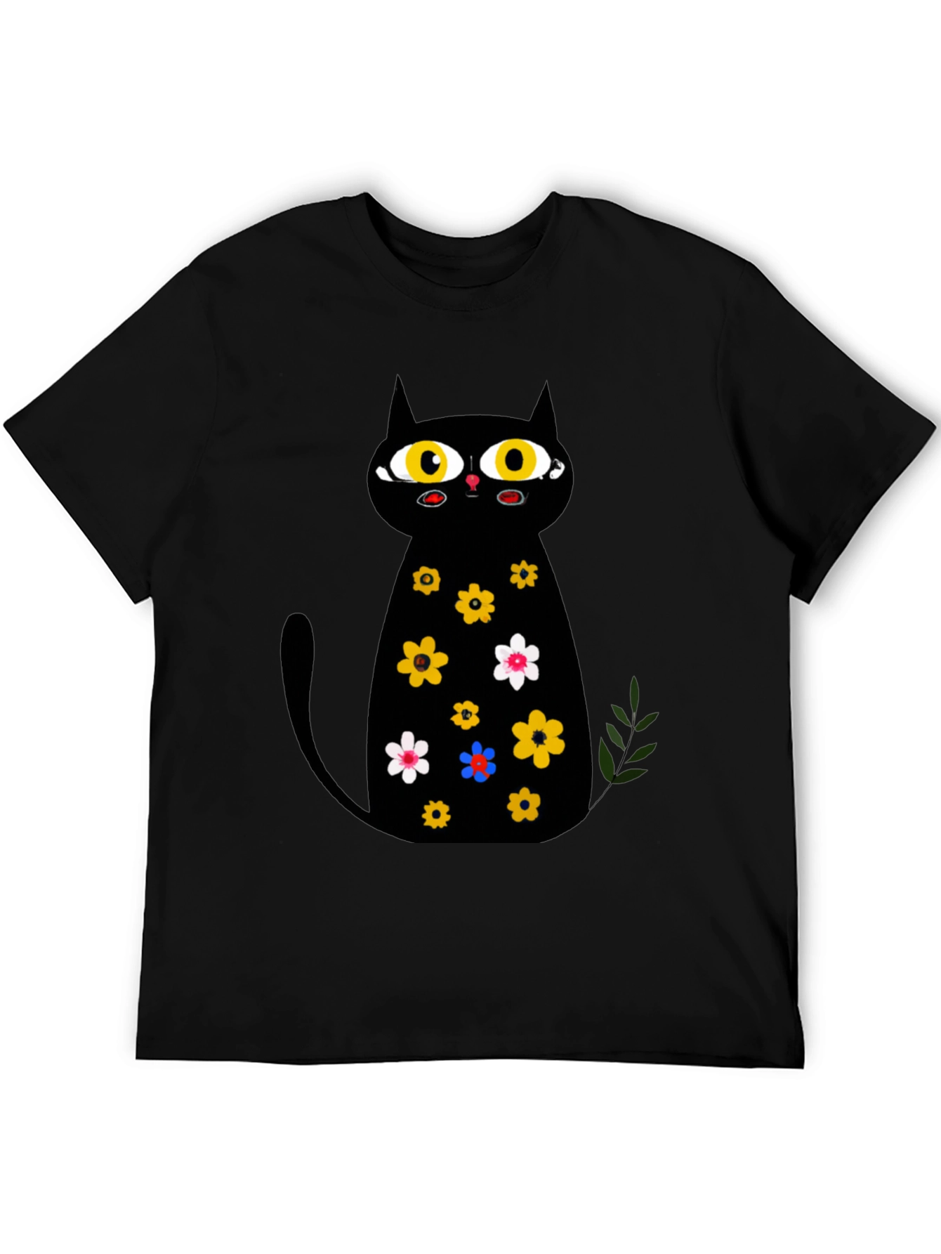 Black Cat Floral Print T-Shirt