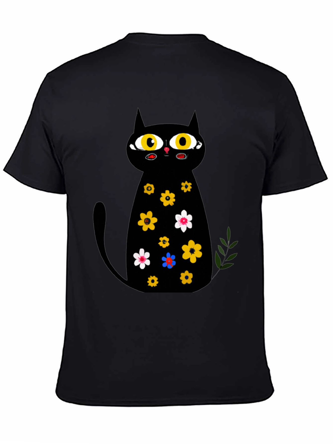 Black Cat Floral Print T-Shirt