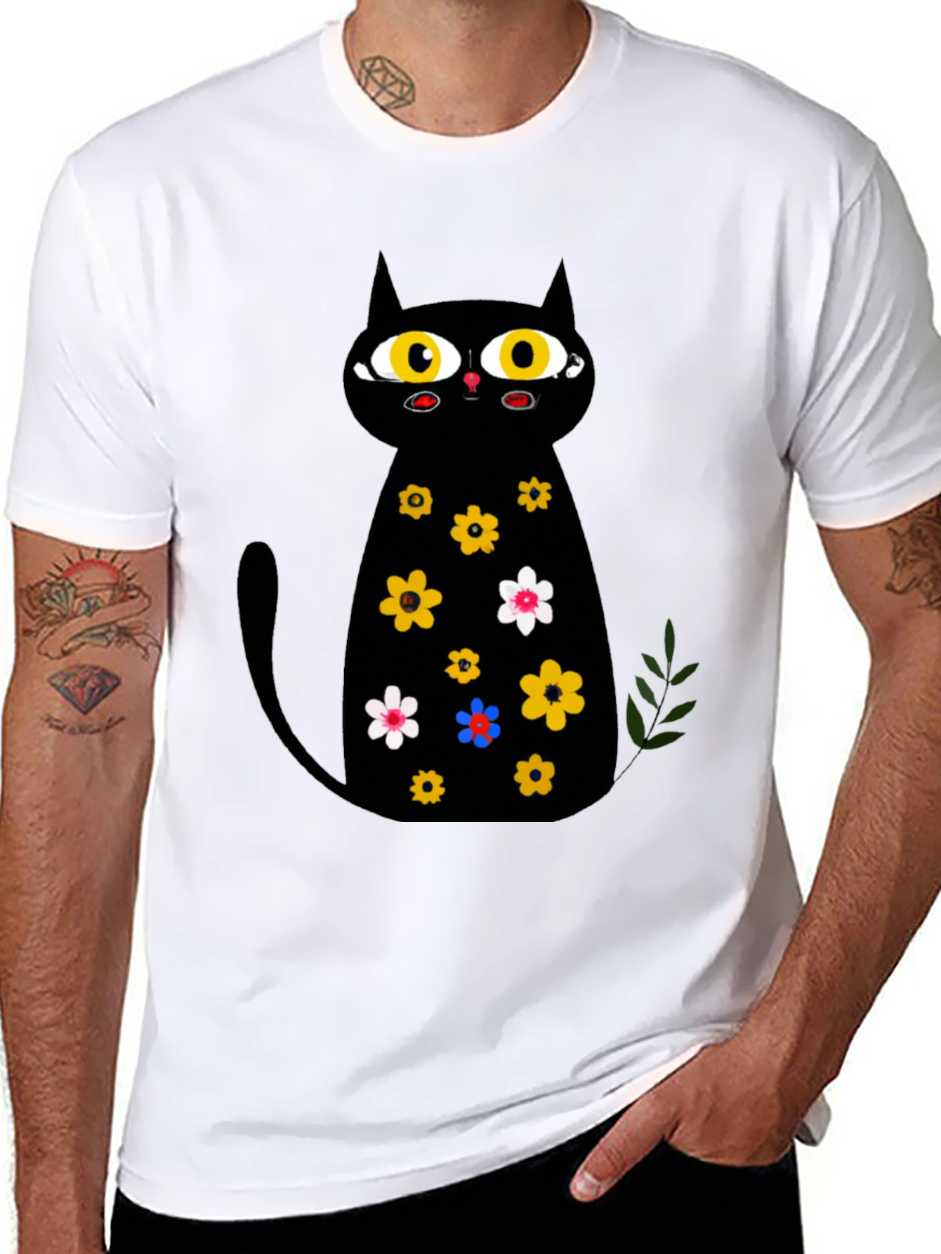 Black Cat Floral Print T-Shirt