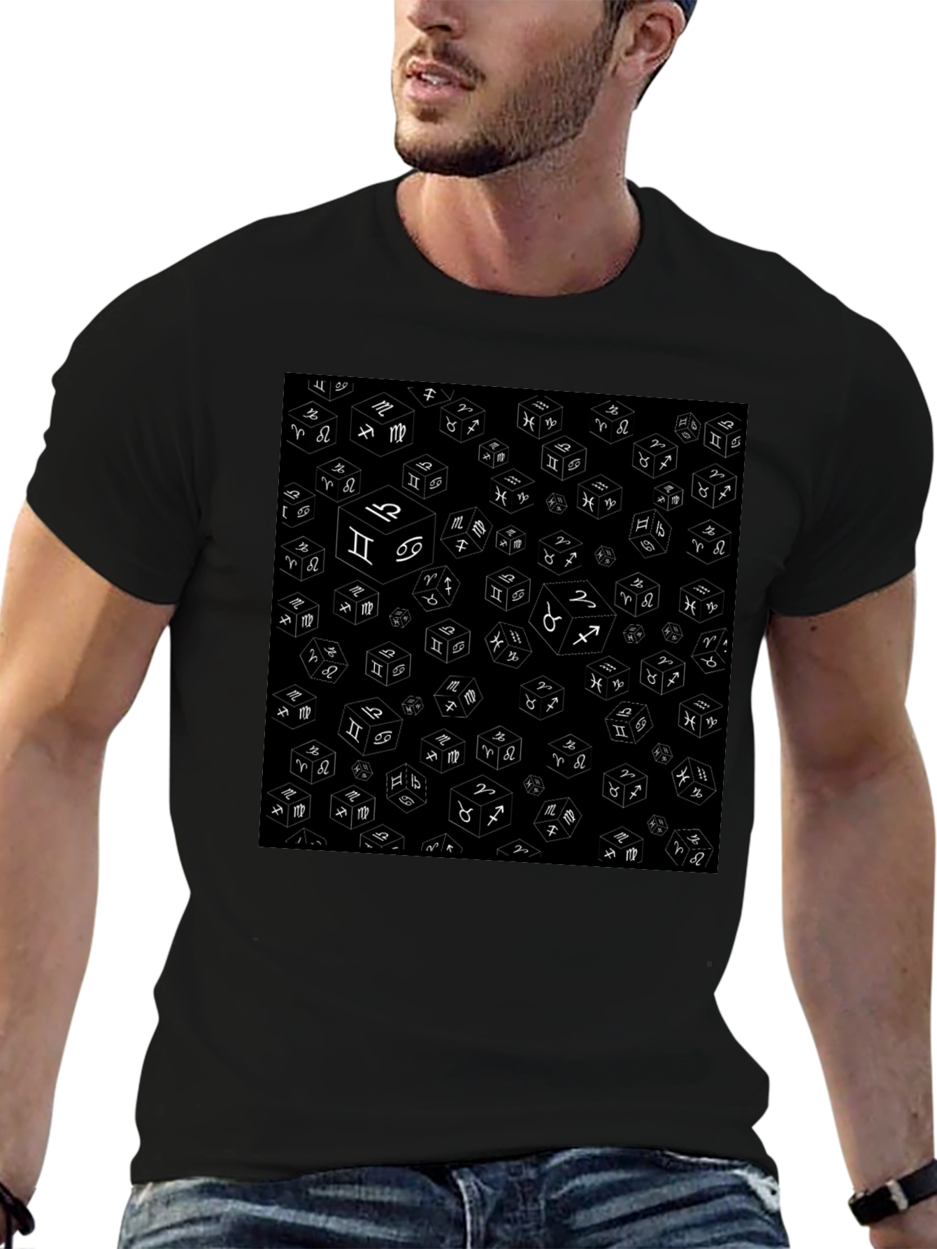 Zodiac Dice Pattern Black T-Shirt