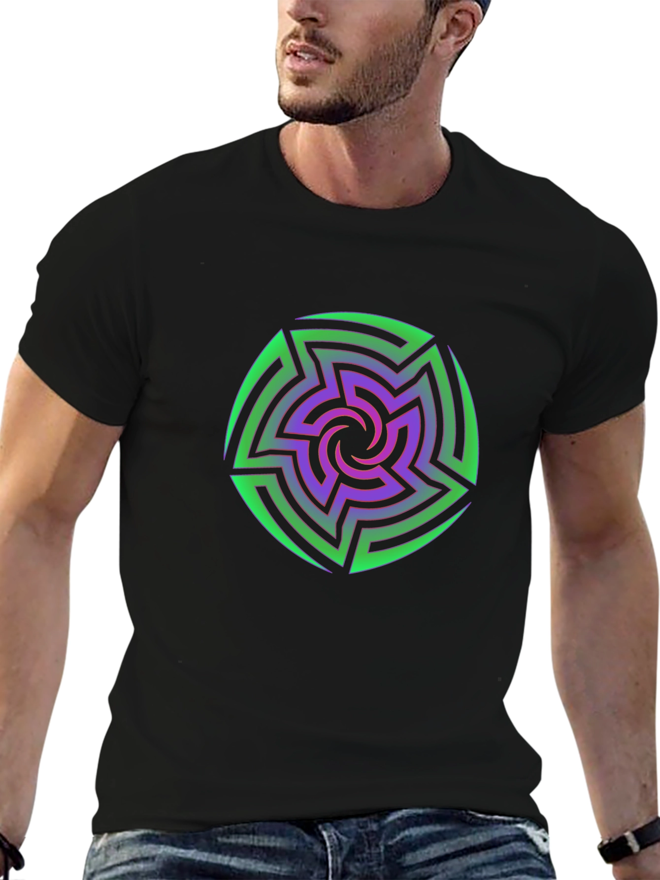 Vibrant Geometric Maze Print Black T-Shirt
