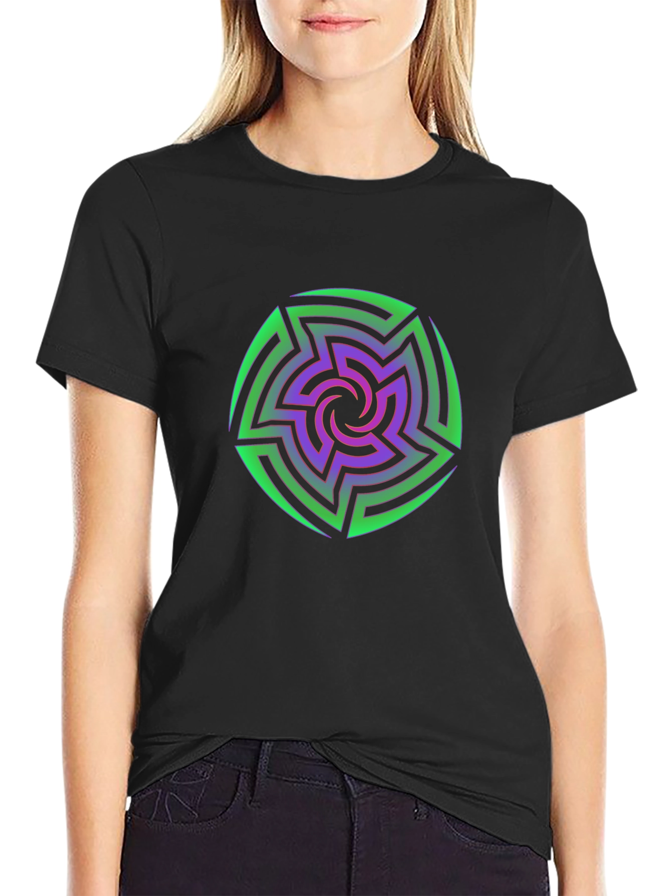 Vibrant Geometric Maze Print Black T-Shirt