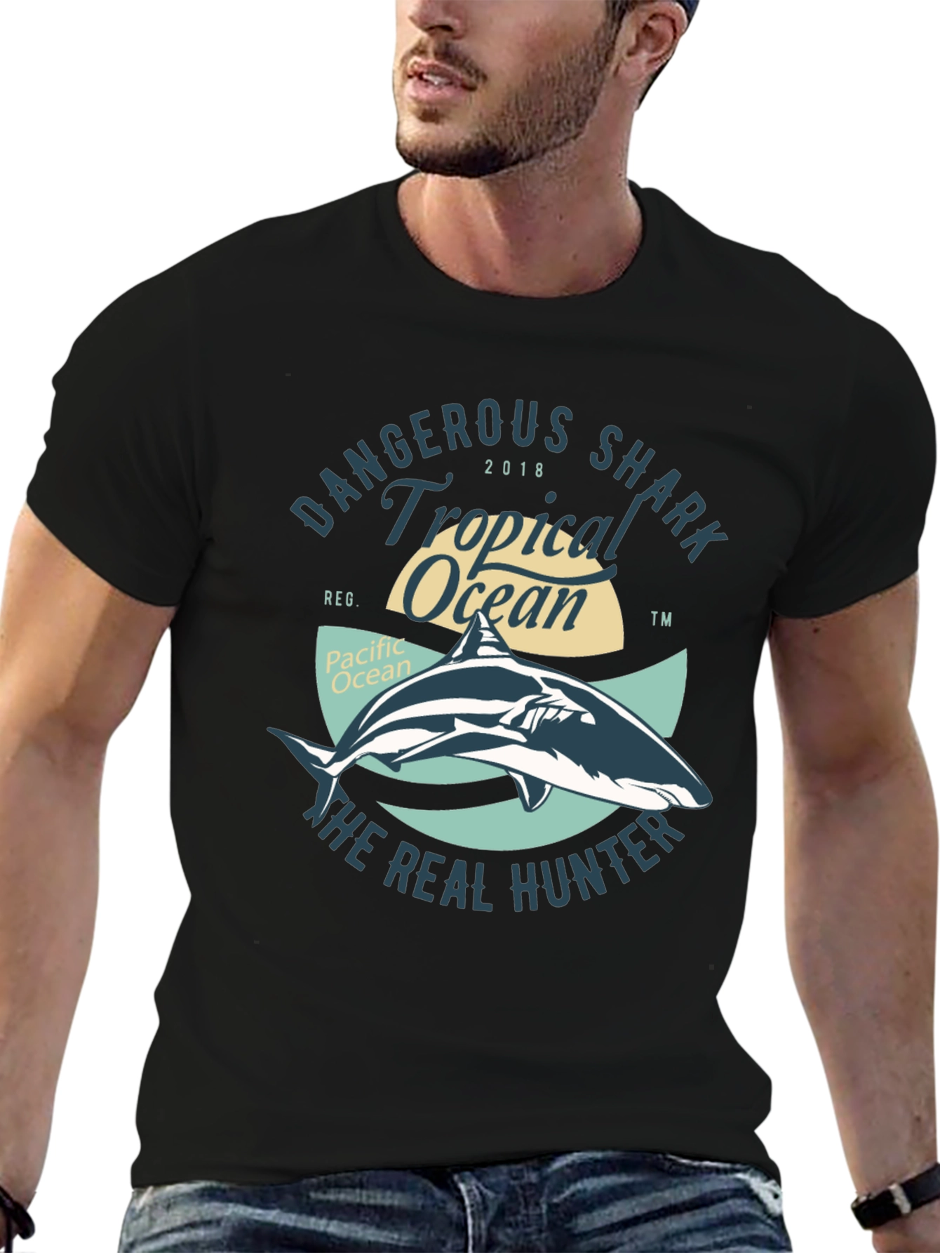 Dangerous Shark Tropical Ocean Black T-Shirt