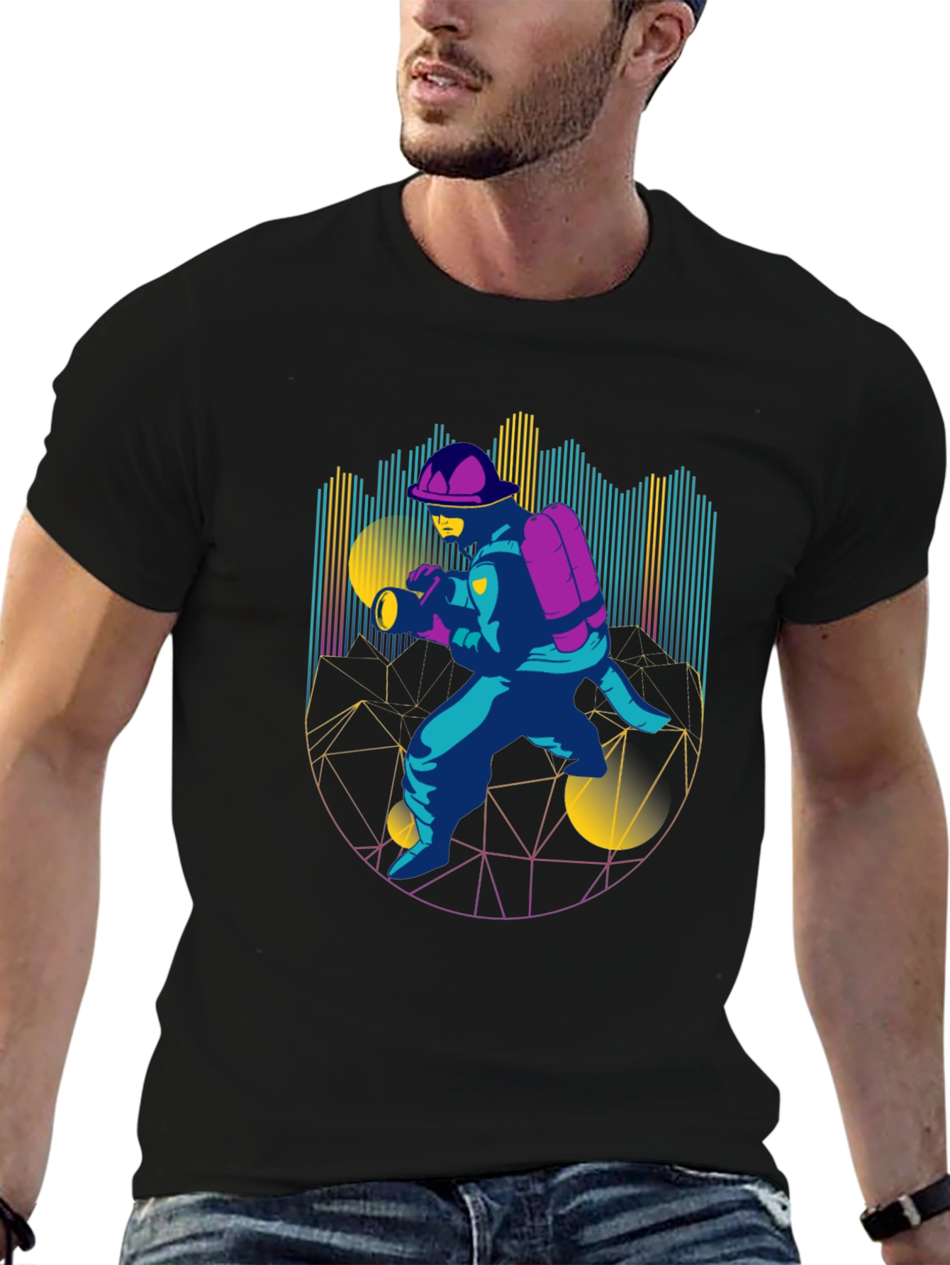 Retro Firefighter Graphic Tee - Black T-Shirt