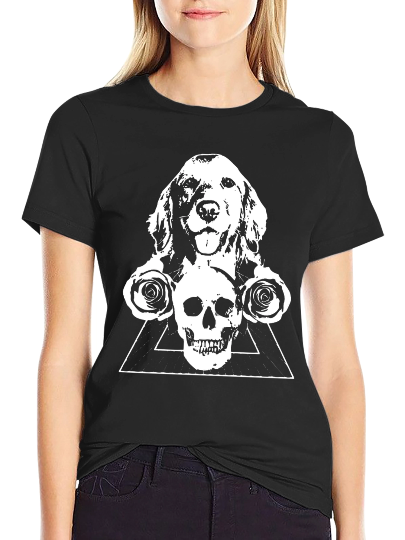 Dog Skull & Rose Graphic Tee - Black