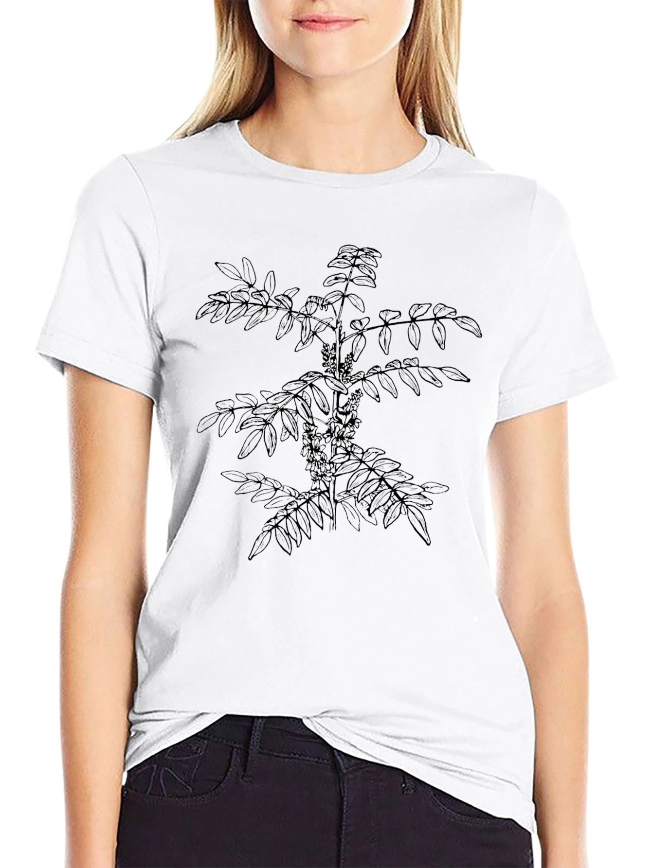 Botanical Print Black Tee - Nature Inspired Design