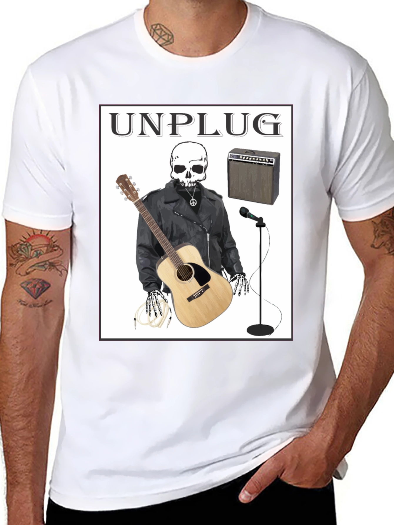 Unplug Skeleton Musician Graphic T-Shirt