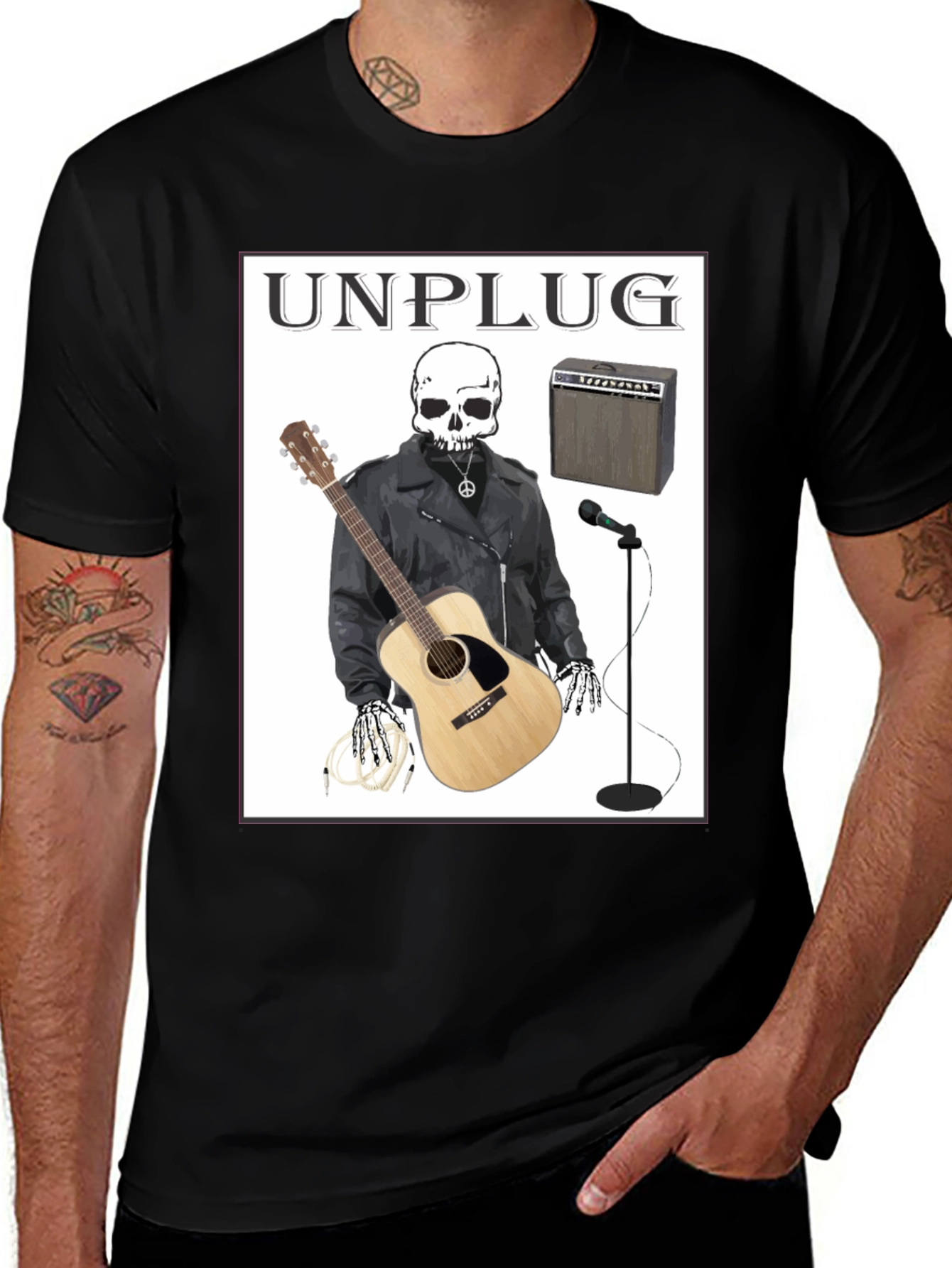 Unplug Skeleton Musician Graphic T-Shirt