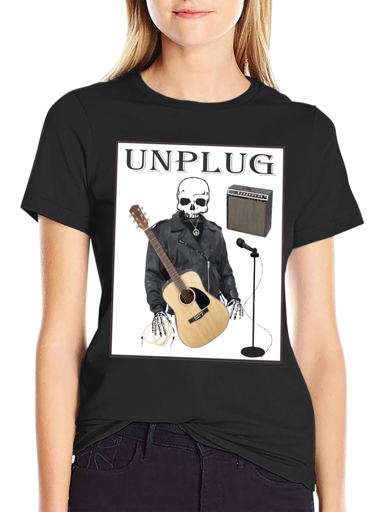 Unplug Skeleton Musician Graphic T-Shirt