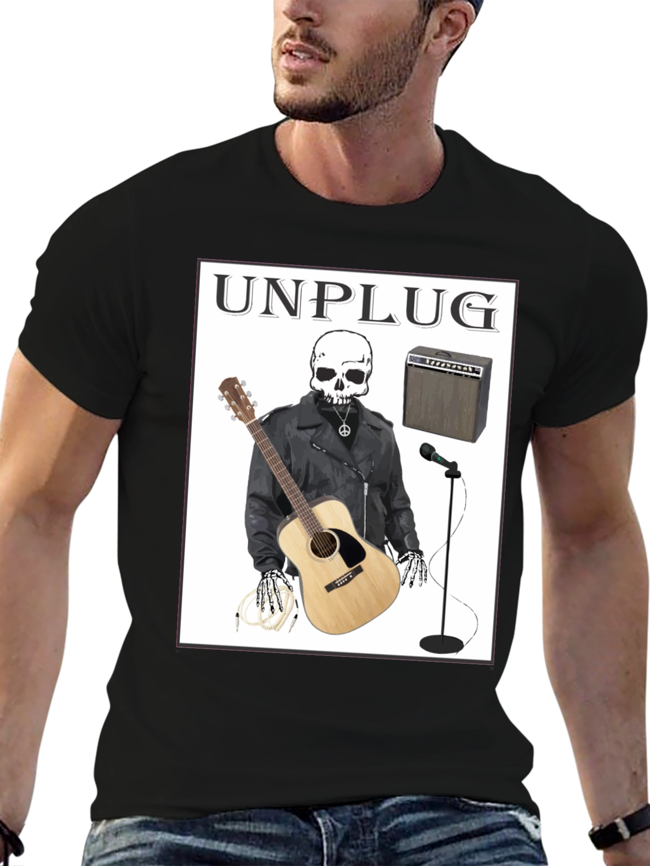 Unplug Skeleton Musician Graphic T-Shirt