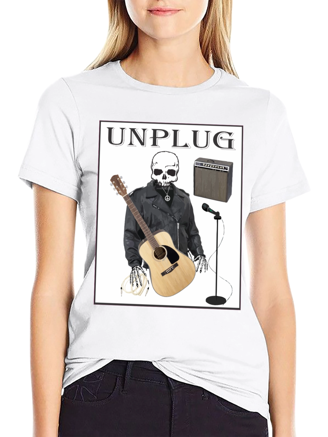 Unplug Skeleton Musician Graphic T-Shirt