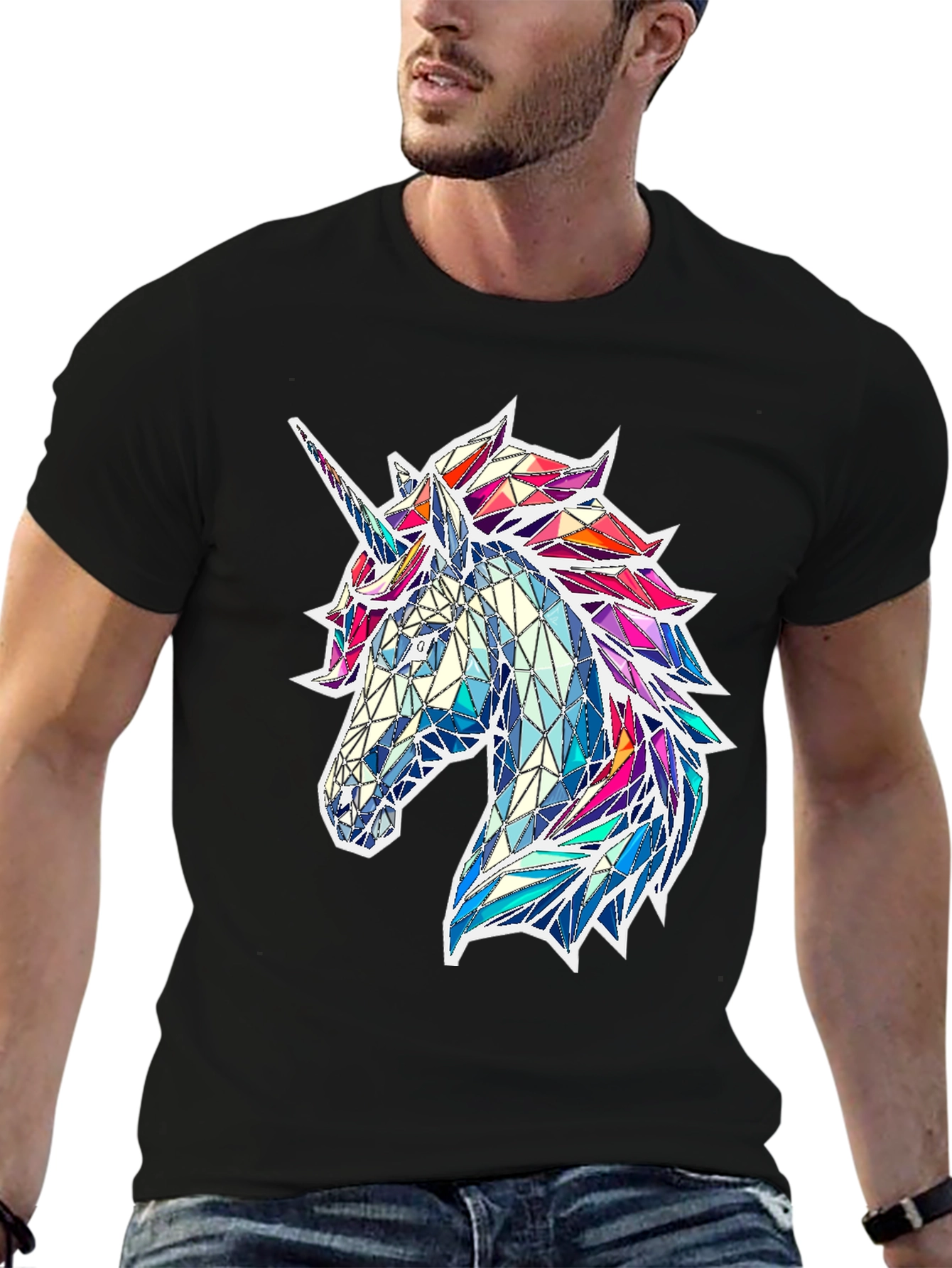 Geometric Unicorn Graphic Tee - Black