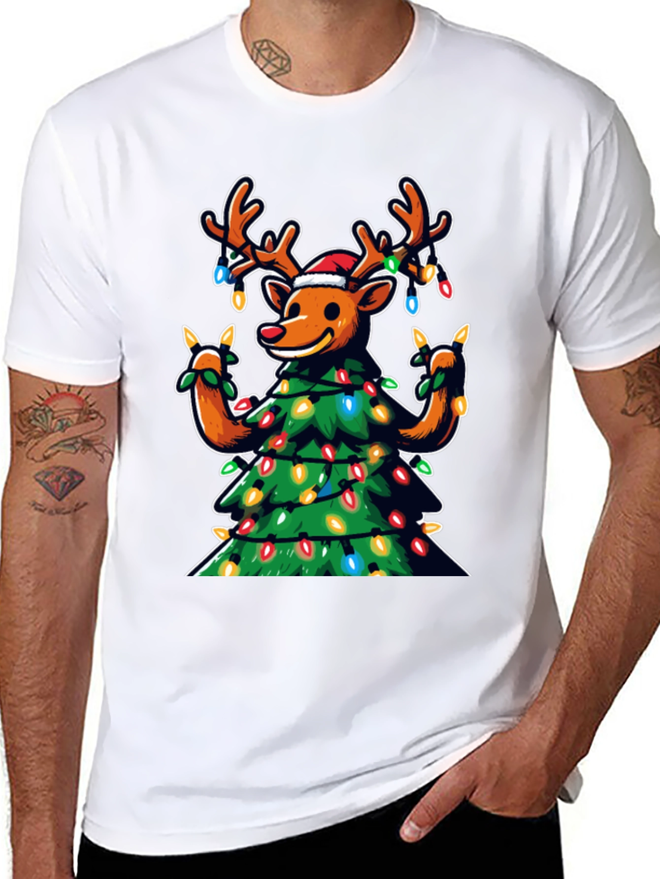 Festive Reindeer Christmas Tree Graphic Tee