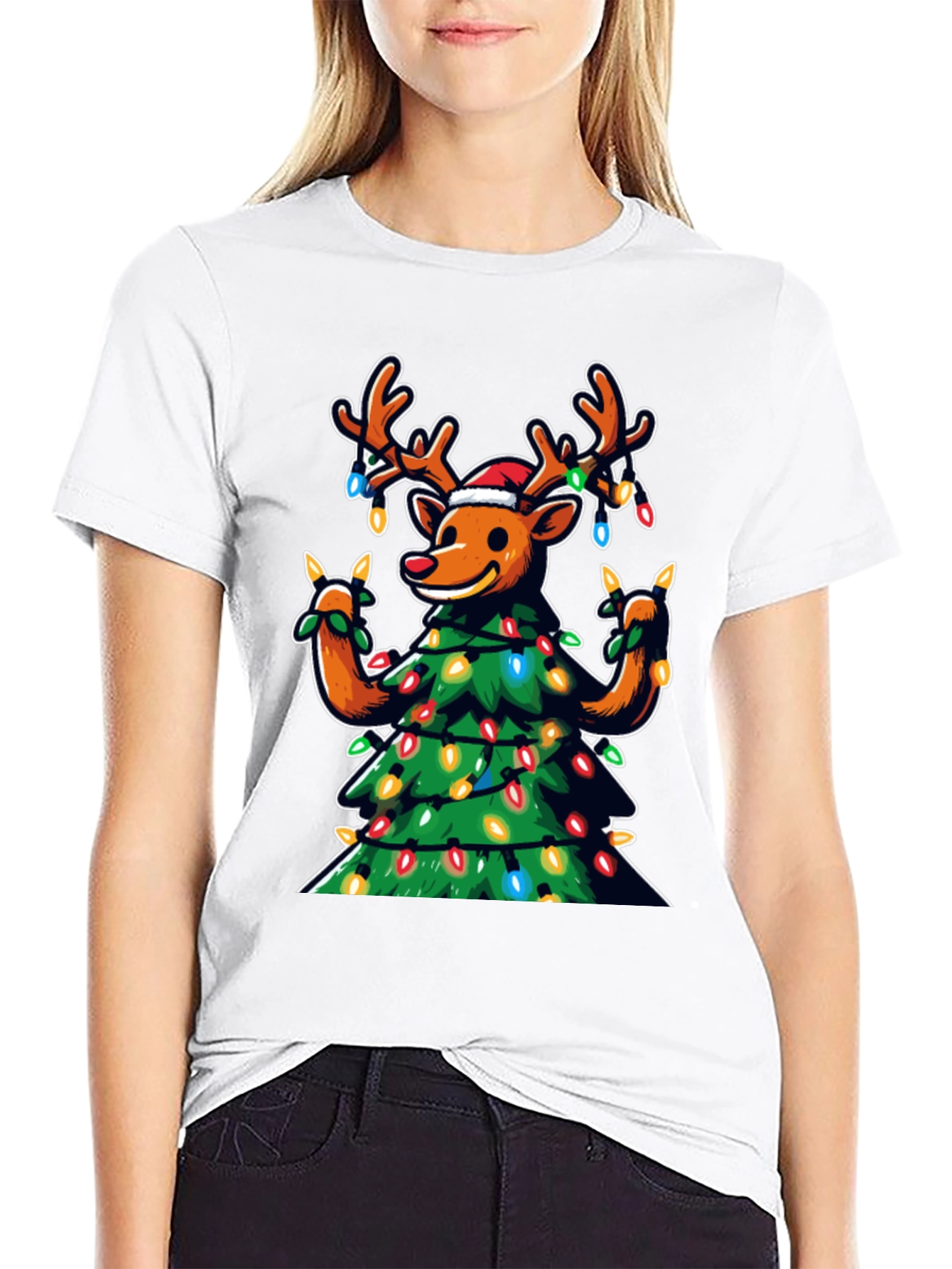 Festive Reindeer Christmas Tree Graphic Tee
