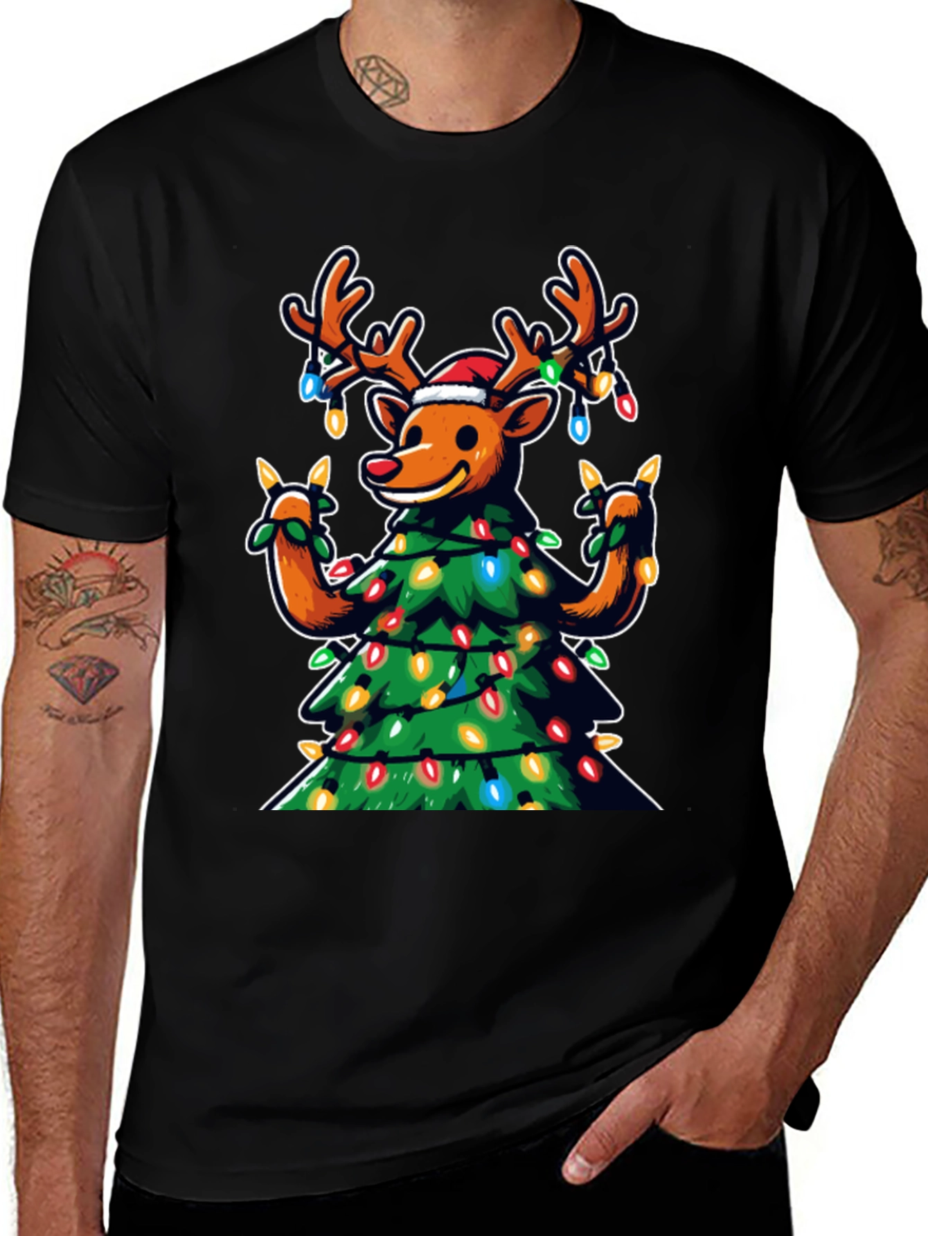 Festive Reindeer Christmas Tree Graphic Tee
