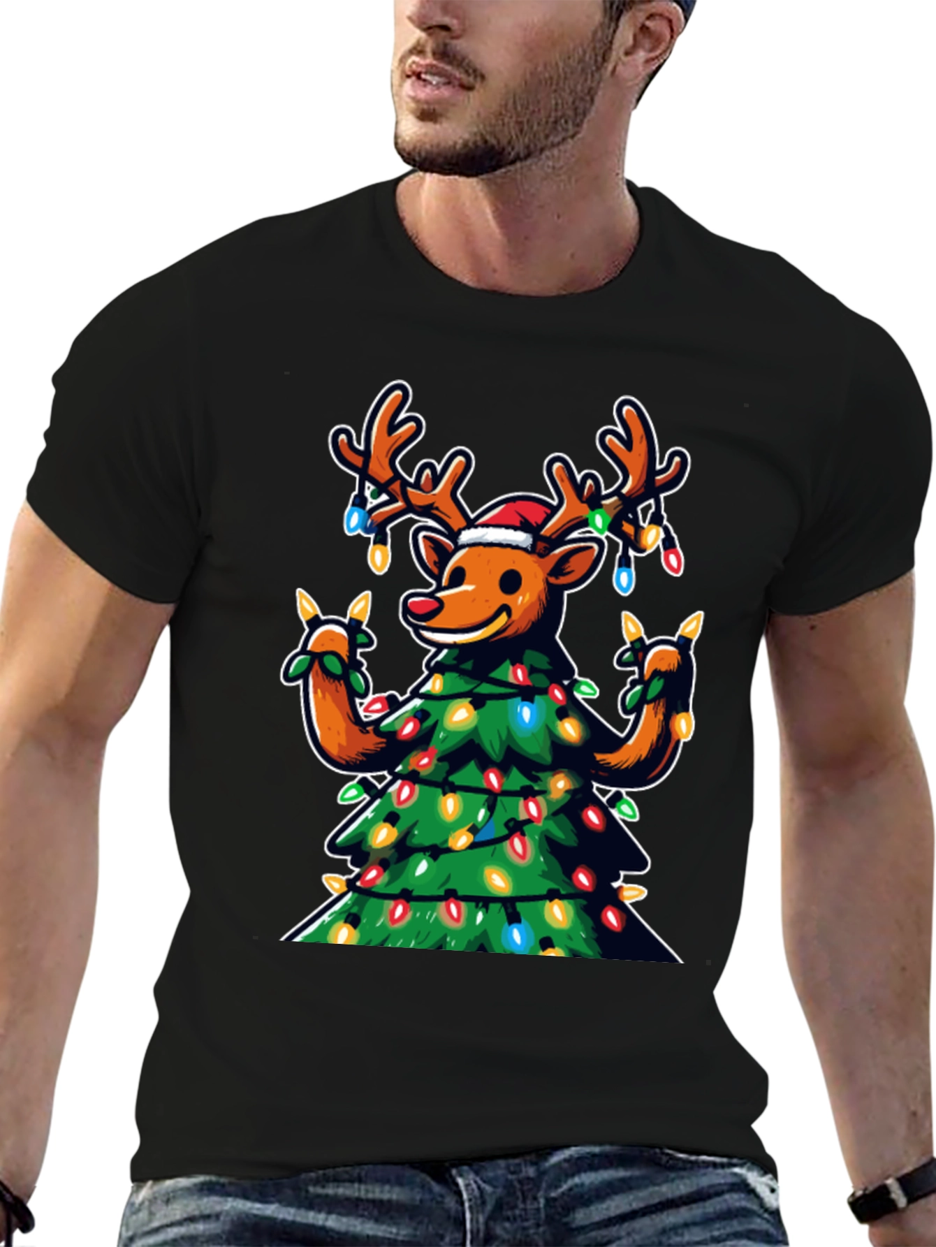 Festive Reindeer Christmas Tree Graphic Tee