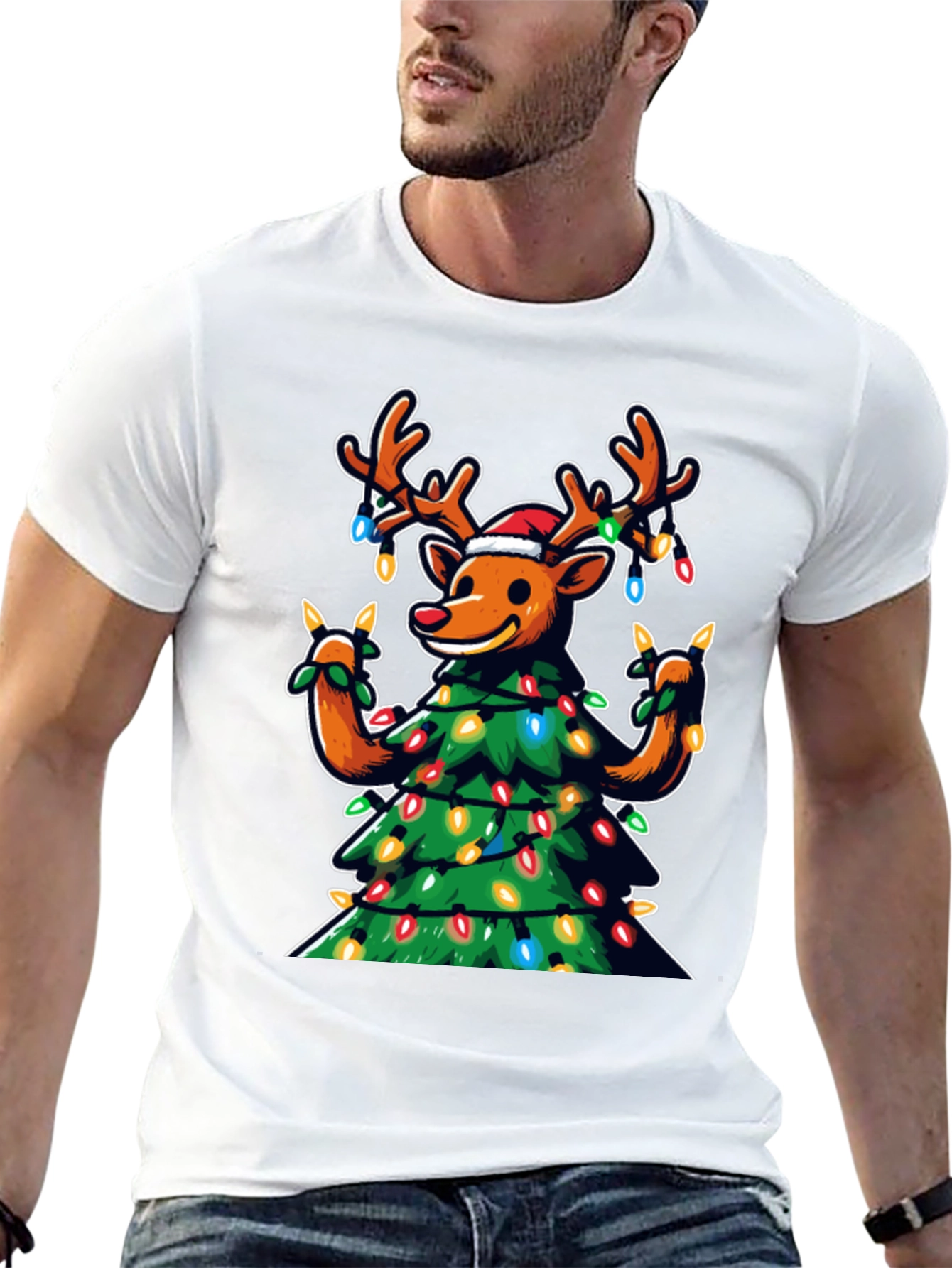 Festive Reindeer Christmas Tree Graphic Tee