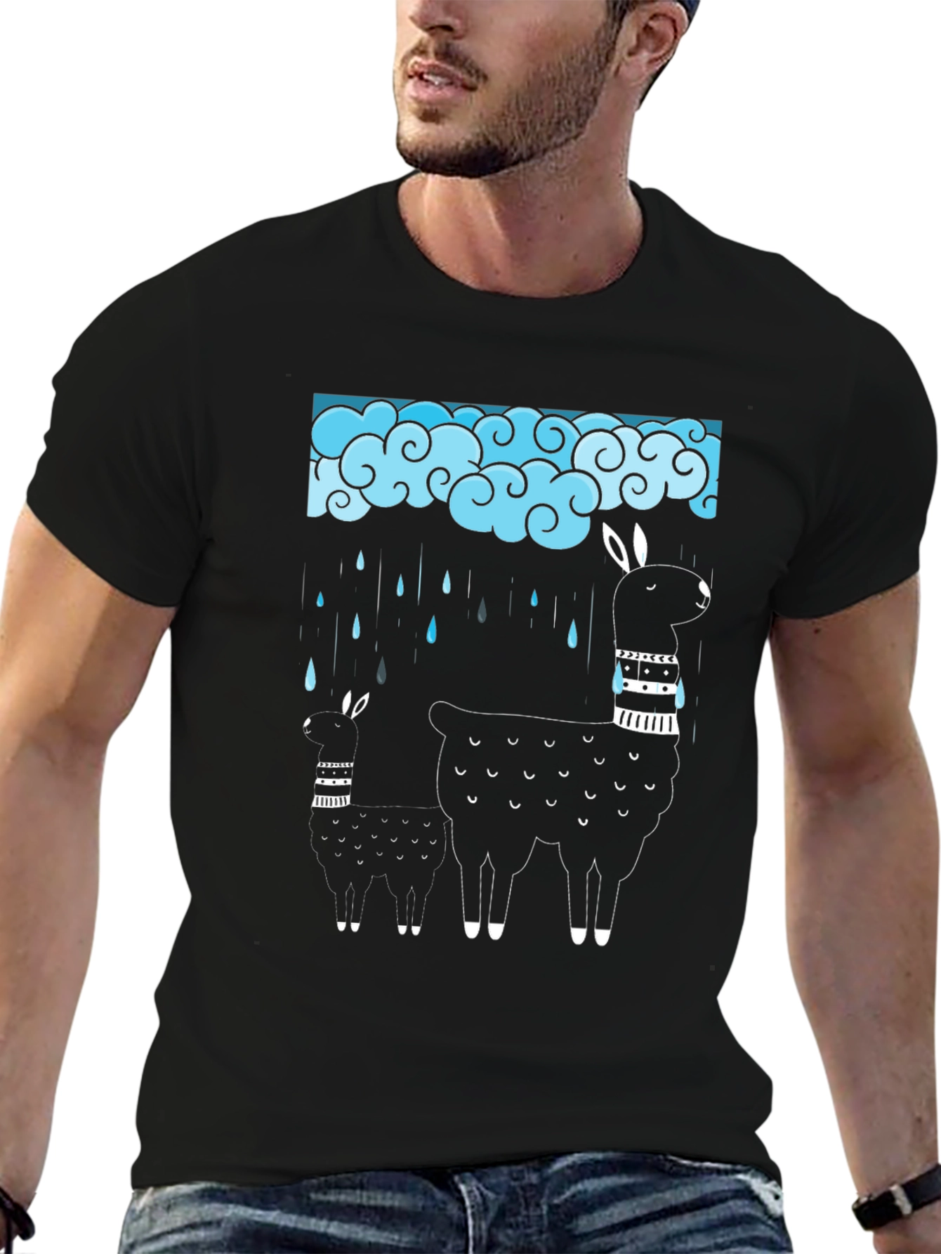 Llama Rain Cloud Graphic Tee - Black Cotton T-Shirt