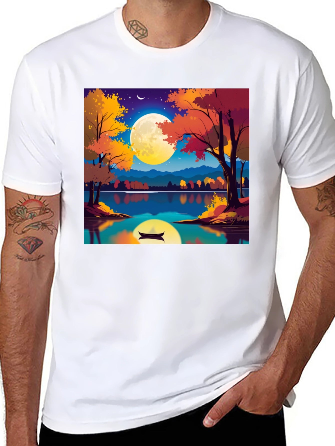 Autumn Lake T-Shirt - Scenic Moonlit Design
