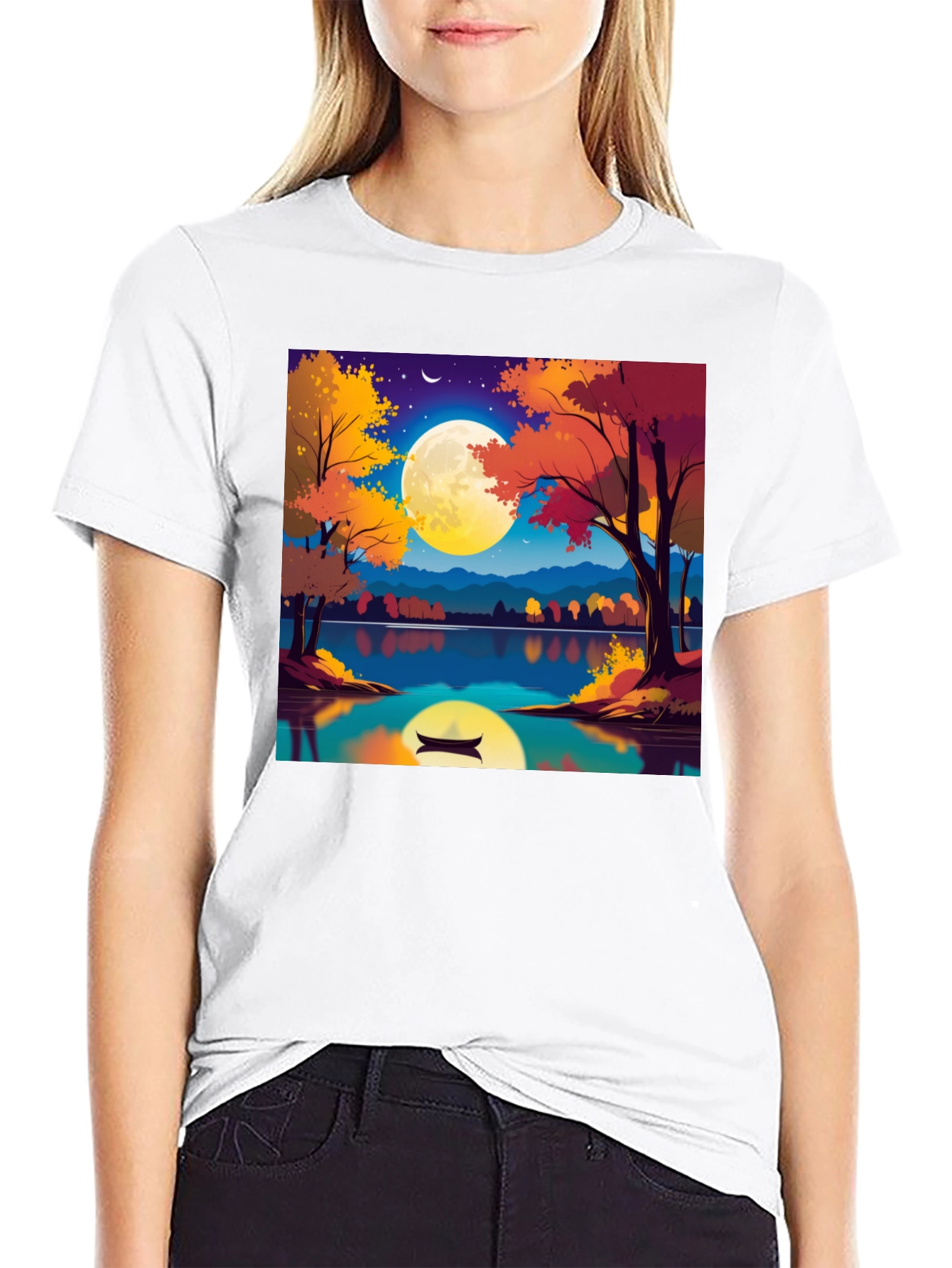 Autumn Lake T-Shirt - Scenic Moonlit Design