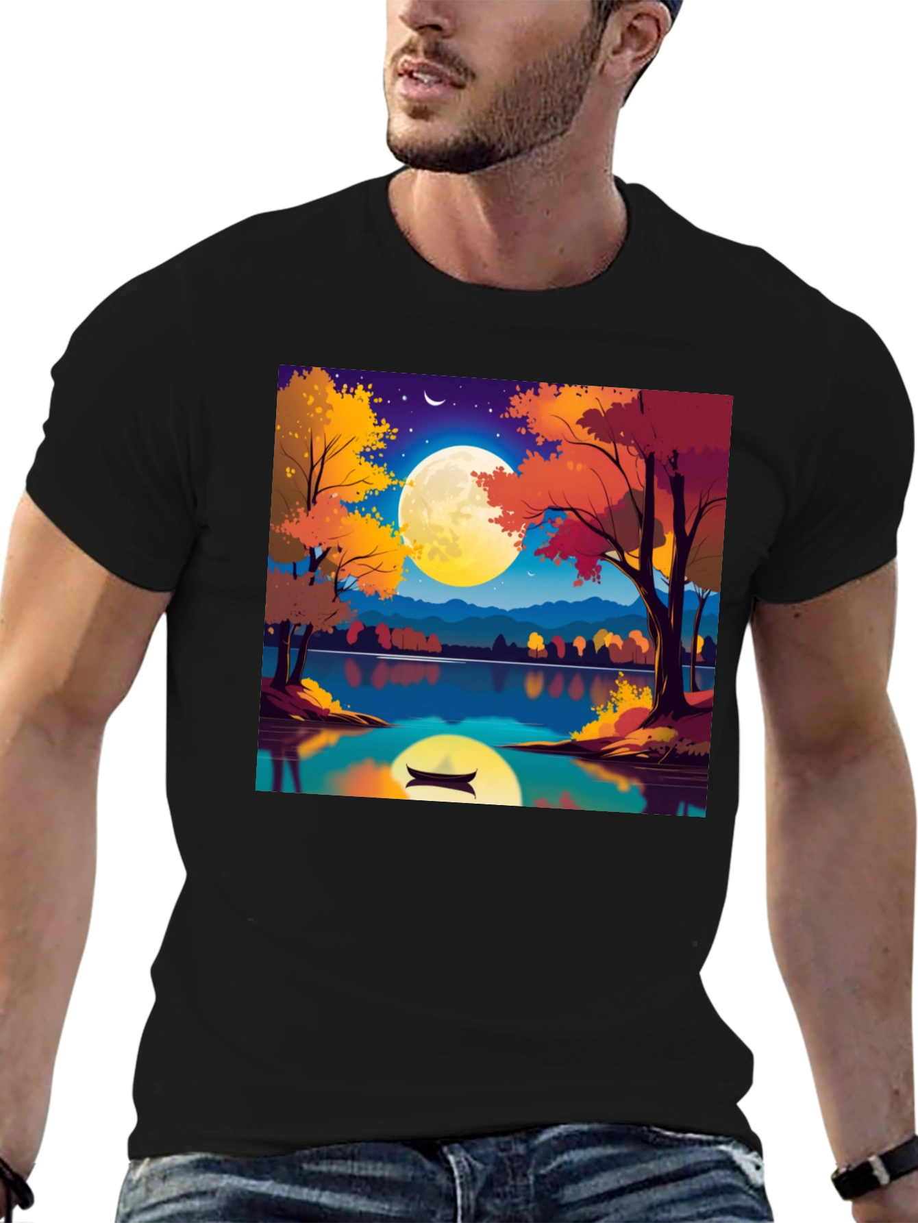 Autumn Lake T-Shirt - Scenic Moonlit Design