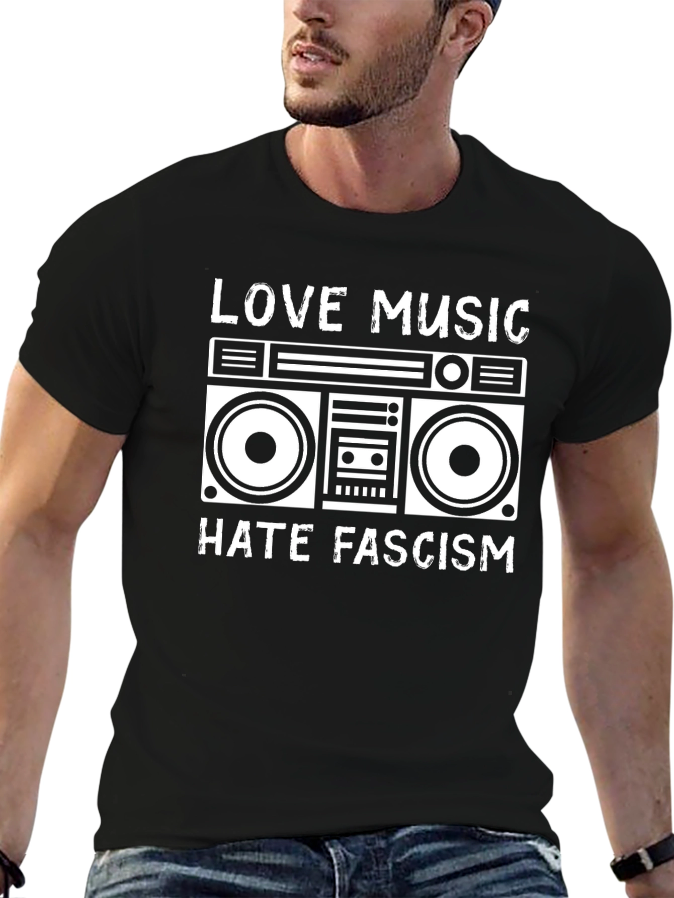 Love Music Hate Fascism Boombox Graphic Tee