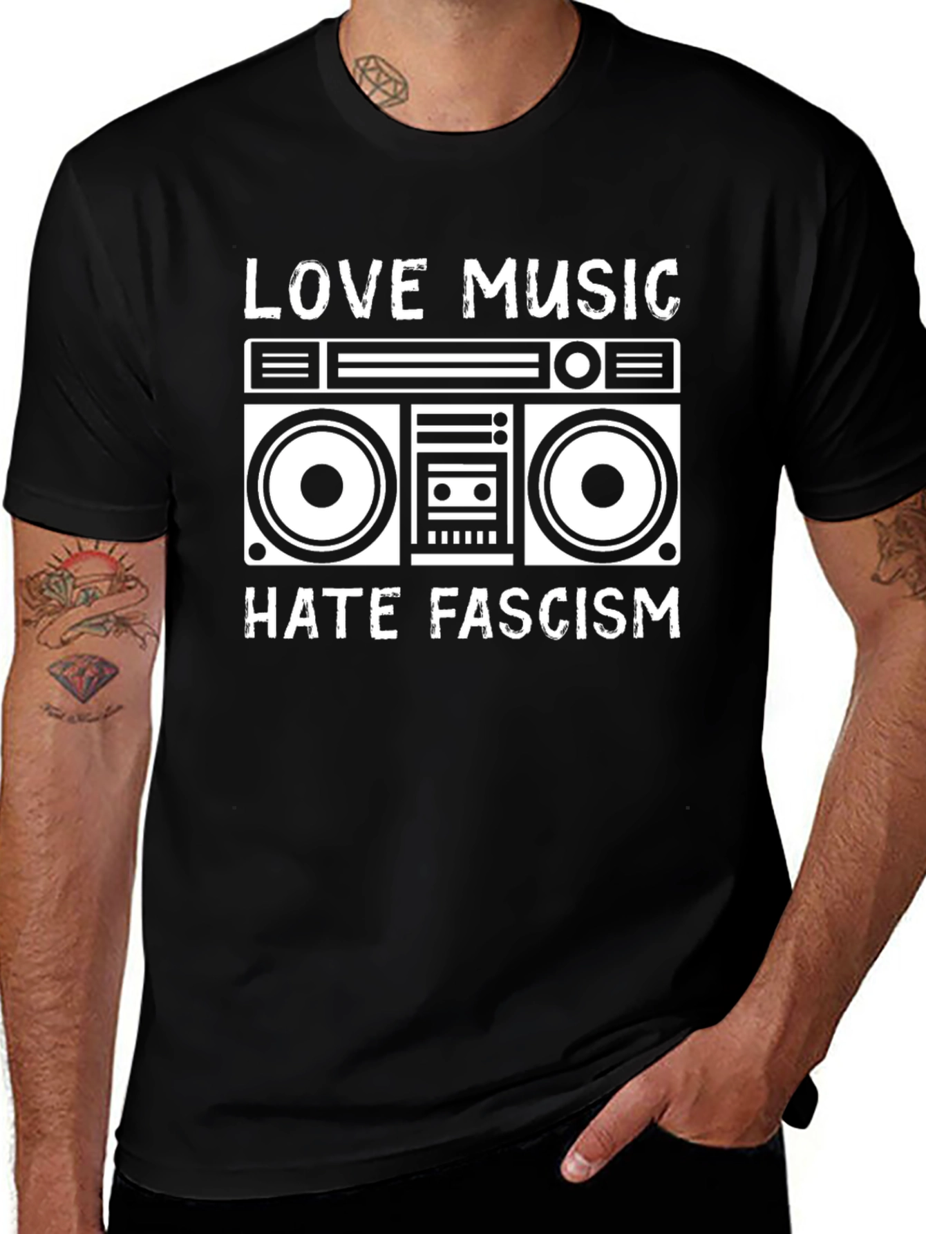 Love Music Hate Fascism Boombox Graphic Tee