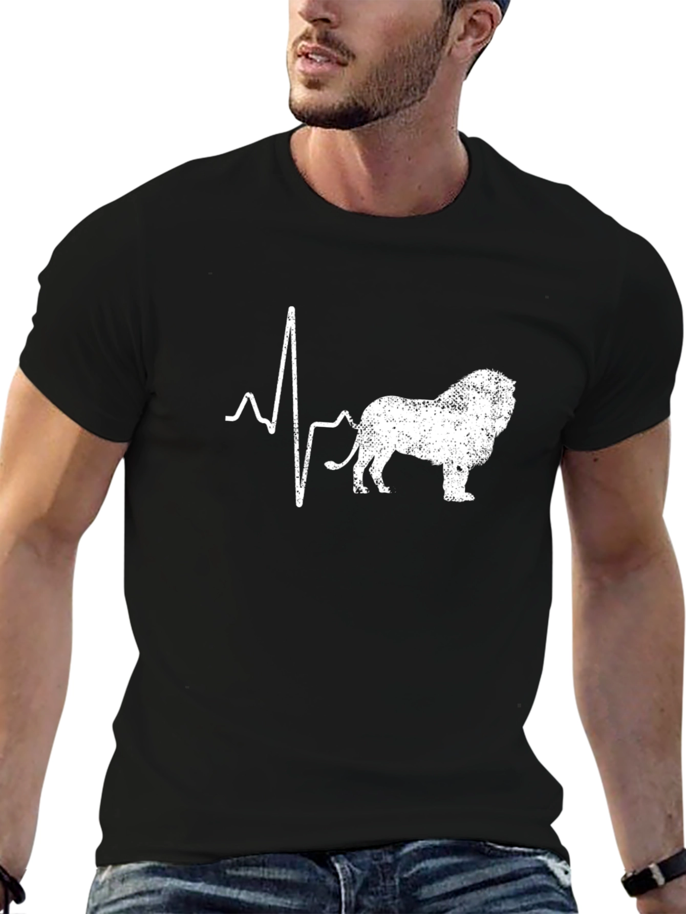 Lion Heartbeat Graphic Tee - Black Cotton Casual T-Shirt