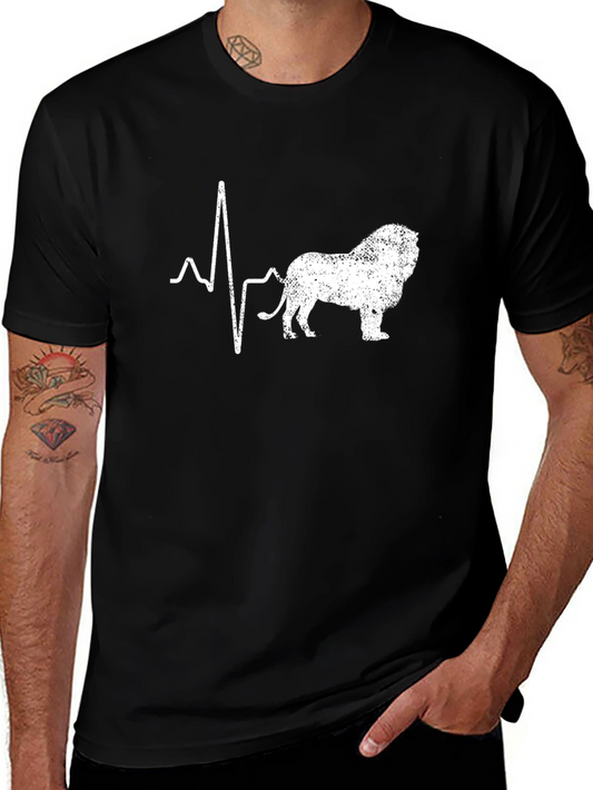 Lion Heartbeat Graphic Tee - Black Cotton Casual T-Shirt