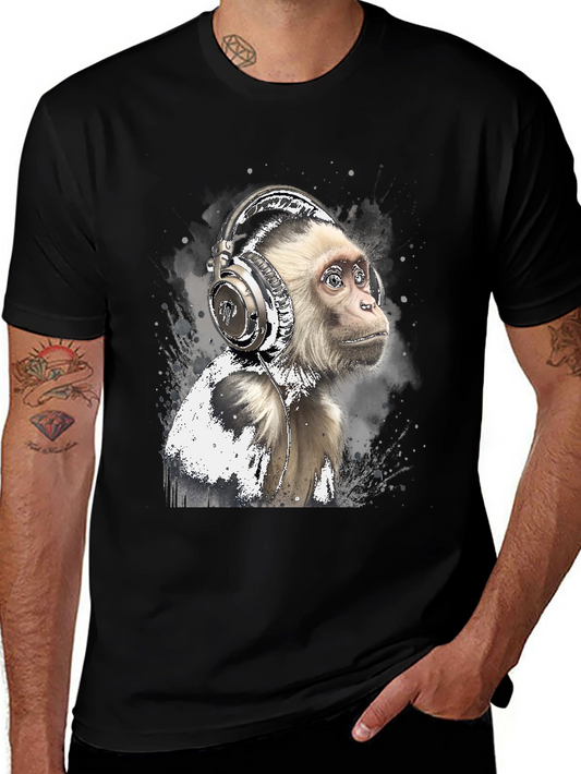 Monkey Headphones Graphic Tee - Cool Black T-Shirt