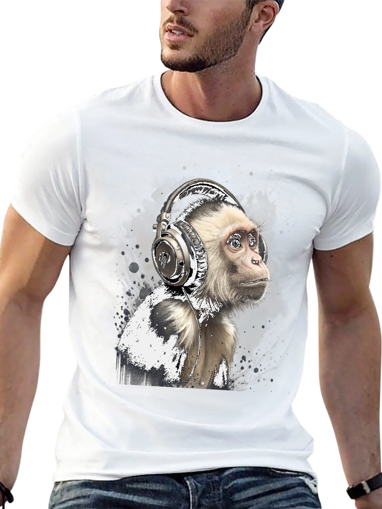 Monkey Headphones Graphic Tee - Cool Black T-Shirt