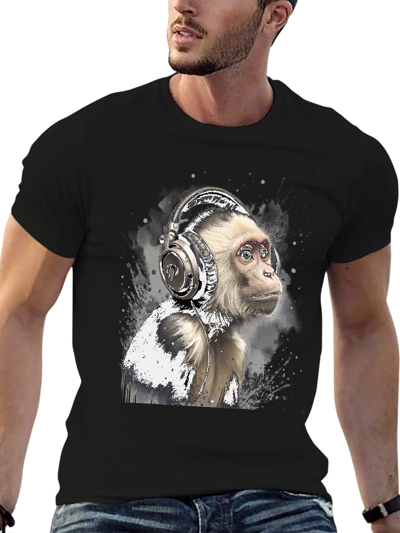 Monkey Headphones Graphic Tee - Cool Black T-Shirt