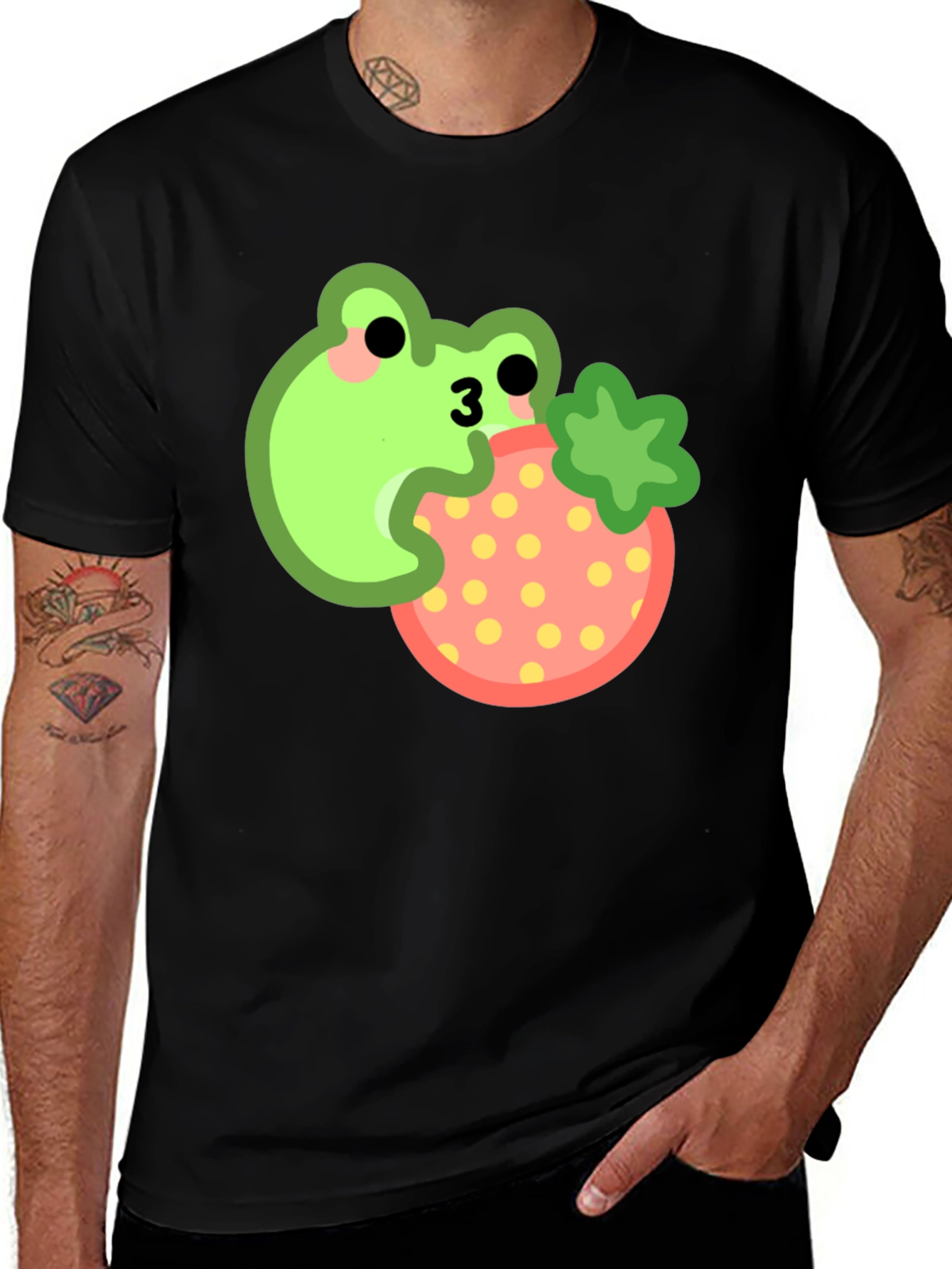 Frog Eating Strawberry Black T-Shirt