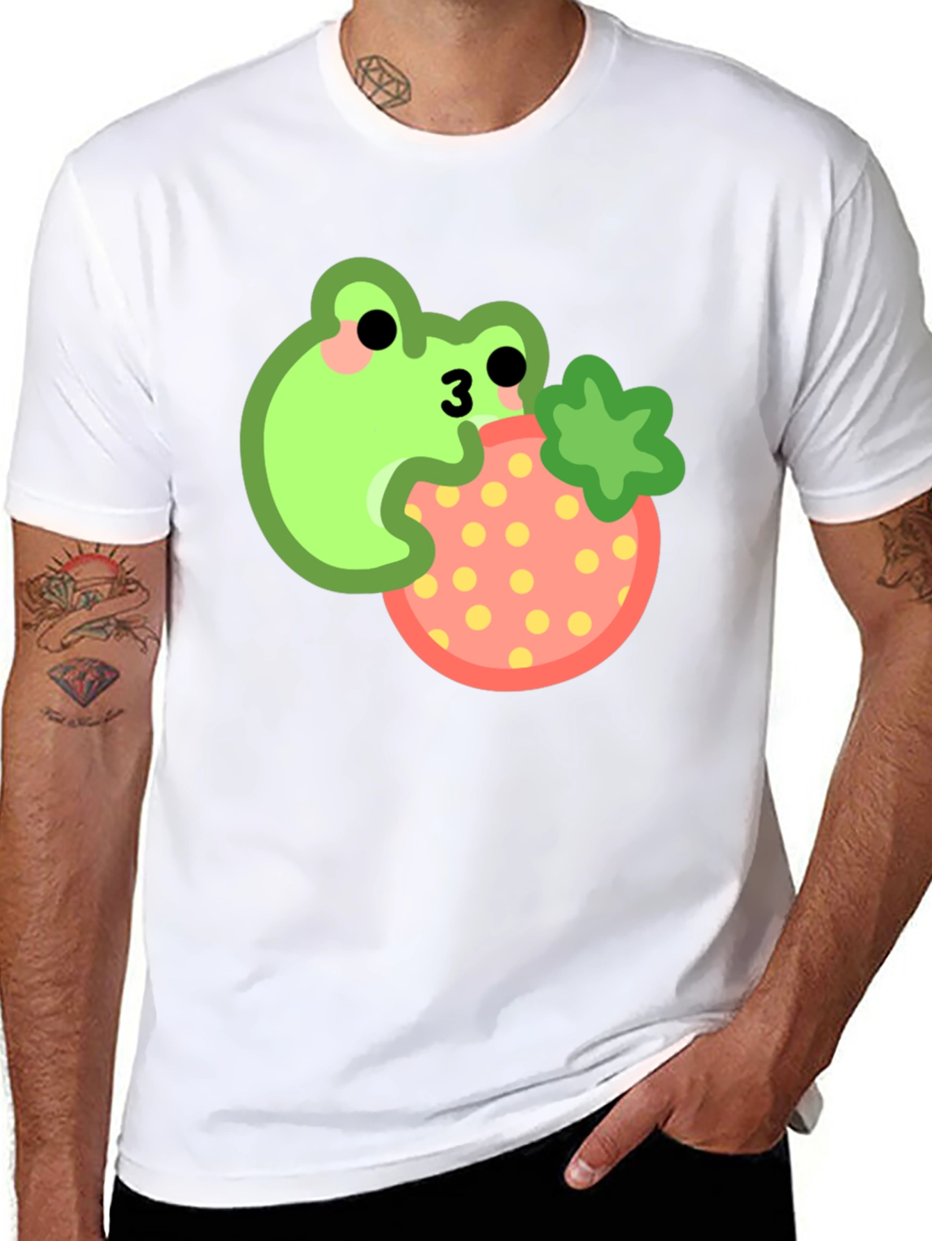 Frog Eating Strawberry Black T-Shirt