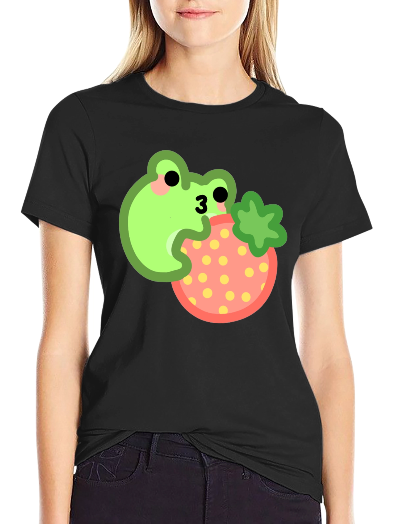 Frog Eating Strawberry Black T-Shirt