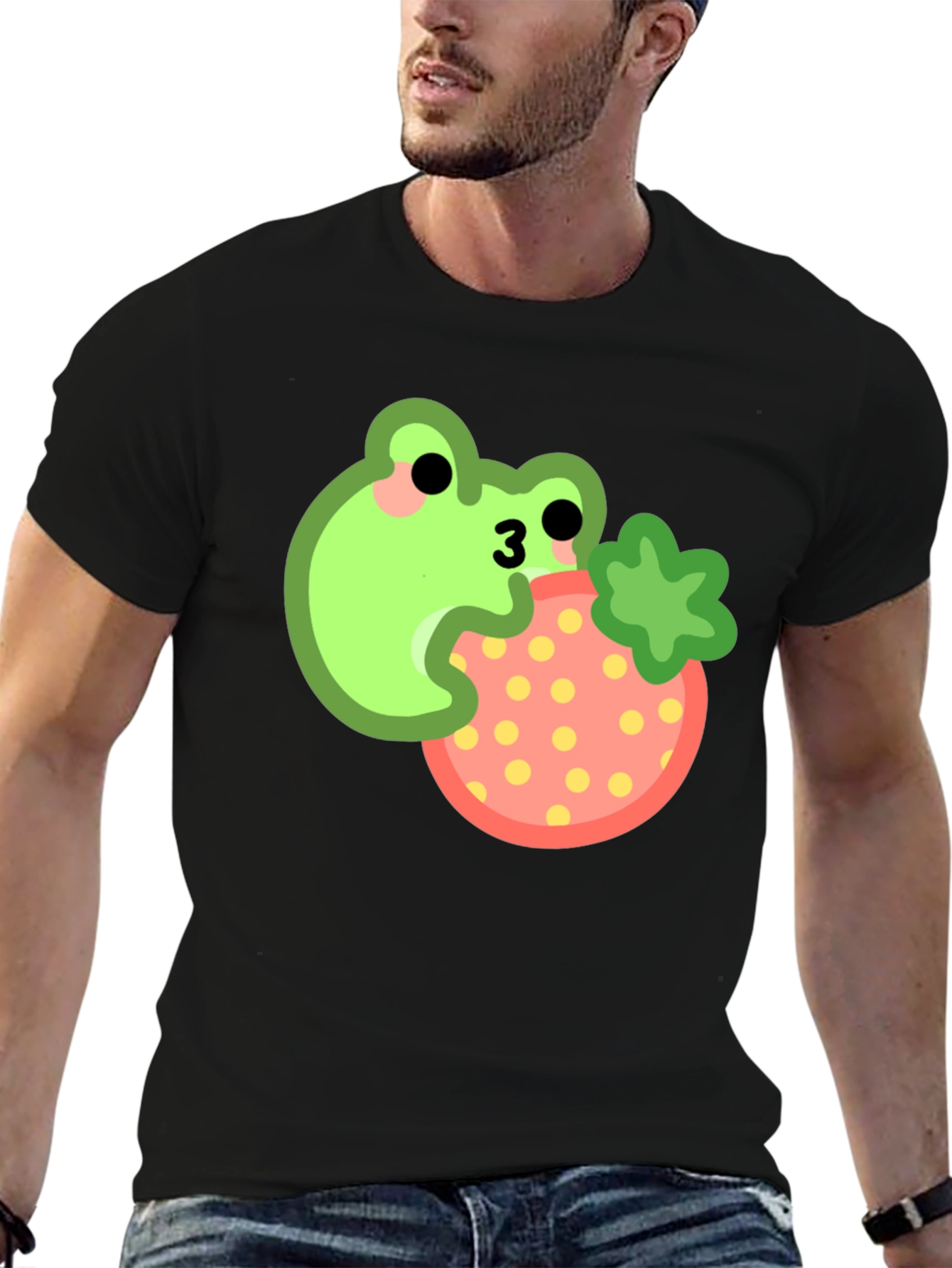 Frog Eating Strawberry Black T-Shirt