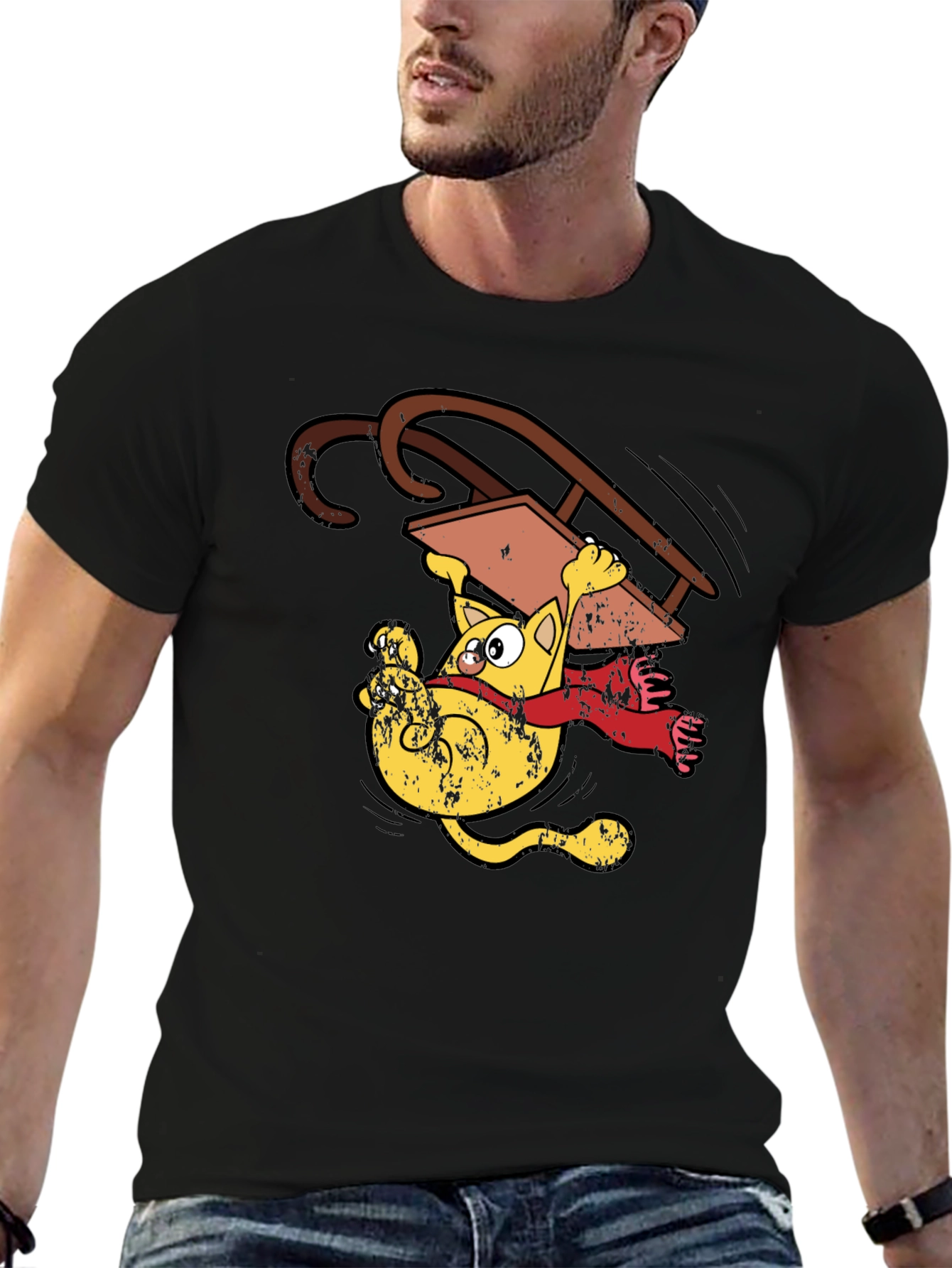 Sledding Cat T-Shirt Funny Cartoon Tee