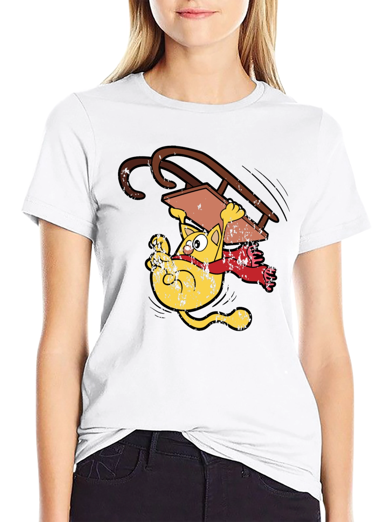 Sledding Cat T-Shirt Funny Cartoon Tee