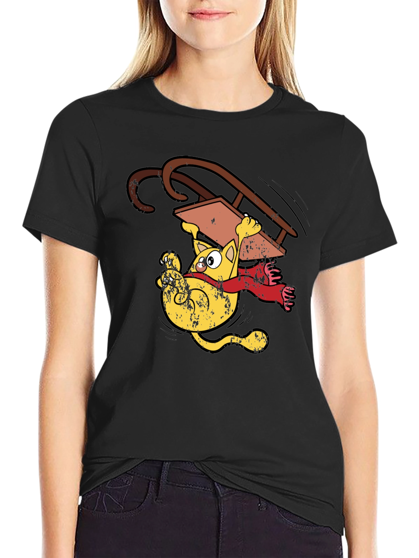 Sledding Cat T-Shirt Funny Cartoon Tee